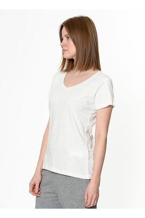 V Yaka Kısa Kol Beyaz Kadın T-shirt 5002621058