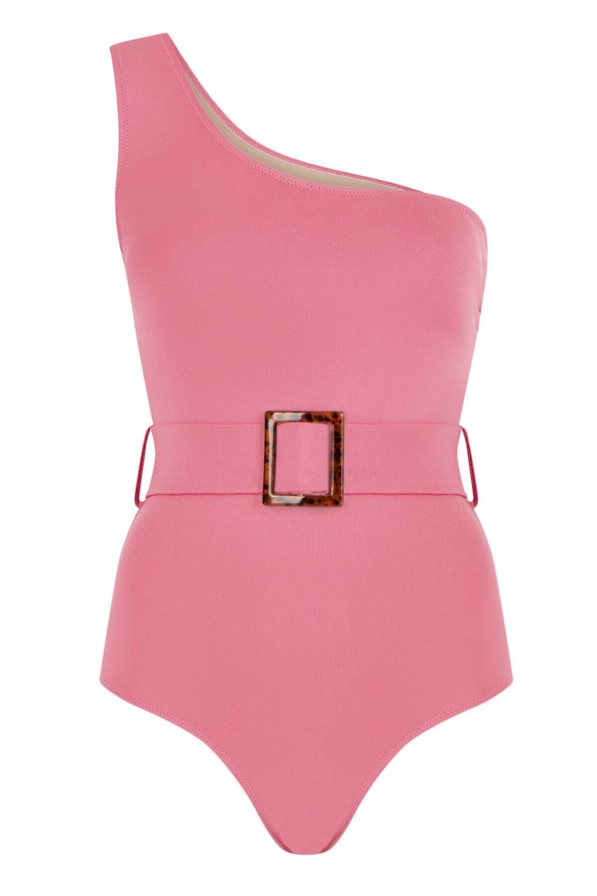 One Shoulder Bone Buckle Detailed Swimsuit