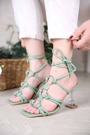 Kadın Halka Bağlamalı Şeffaf Topuklu Sandalet Mint Yeşili Z34002880047