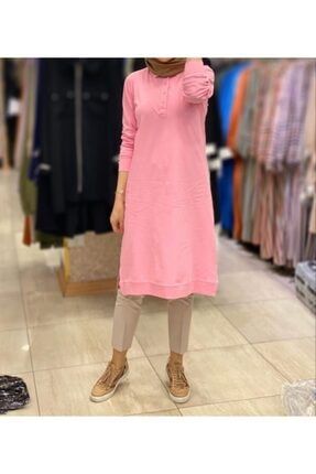 Kadın Gömlek Yaka Uzun Sweatshirt Tunik Pembe 55874