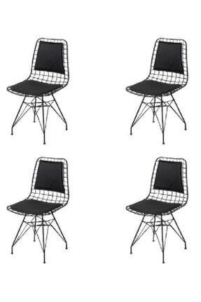 Tel Sandalye Sırt Minderli,4'lü Siyah Tel Sandalye Takımı,mutfak,cafe,balkon Sandalyesi 016siyah