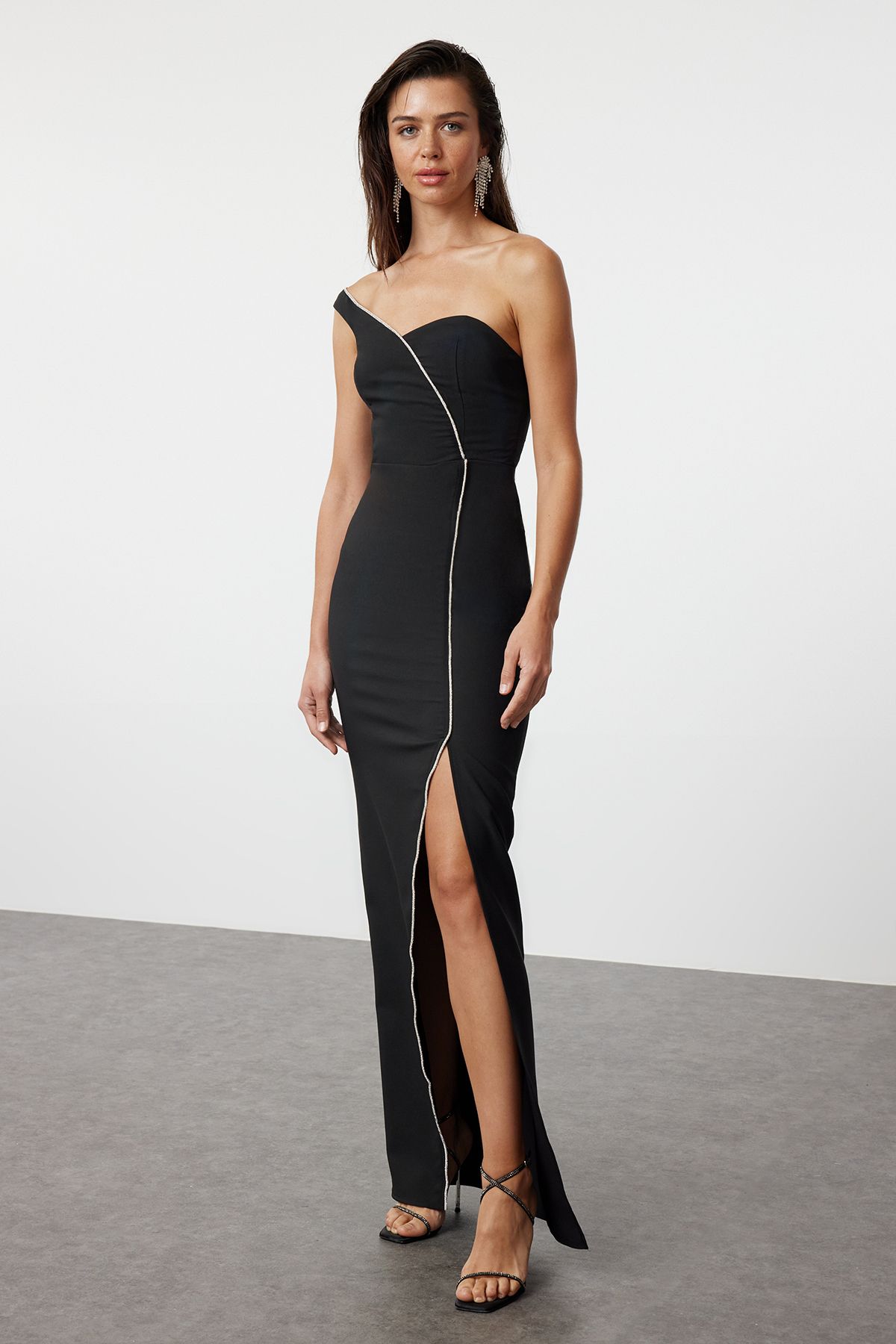 Trendyol Collection-Black Long Evening Dress with Stone Accessories - Single Sleeve Woven TPRSS24AE00166 2