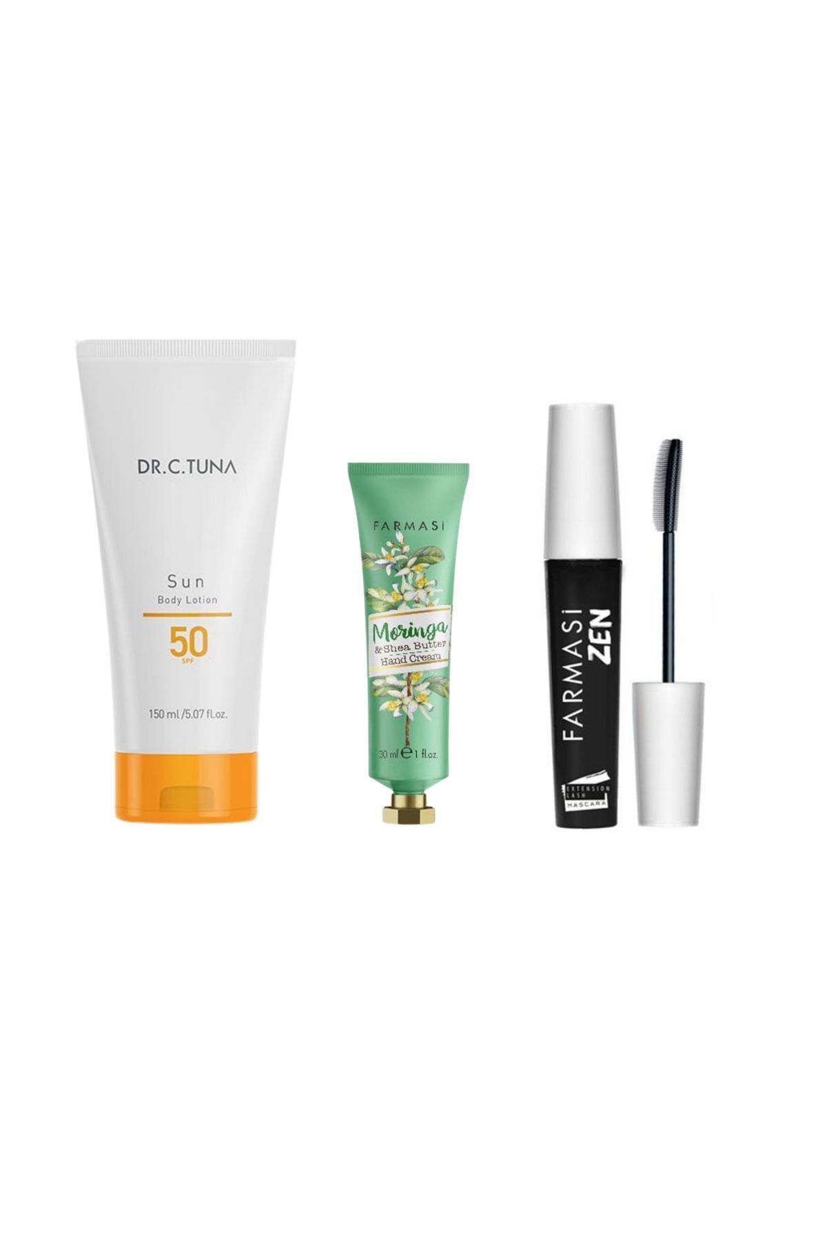 لوسیون سری جدید Dr.c.tuna Sun Series 50 Spf 150 ml + ریمل ذن + کرم دست Moringa Shea Oil Farmasi