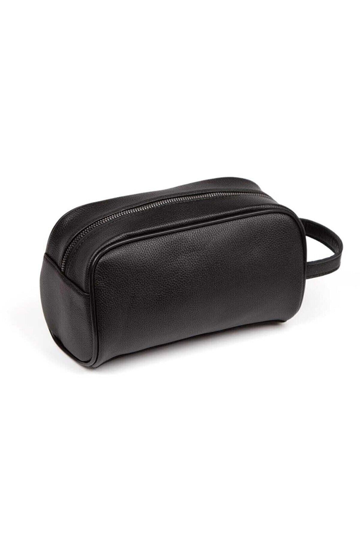 Adelina Siyah Deri Portföy El Çantası Seyahat Traş Kozmetik Clutch Çanta