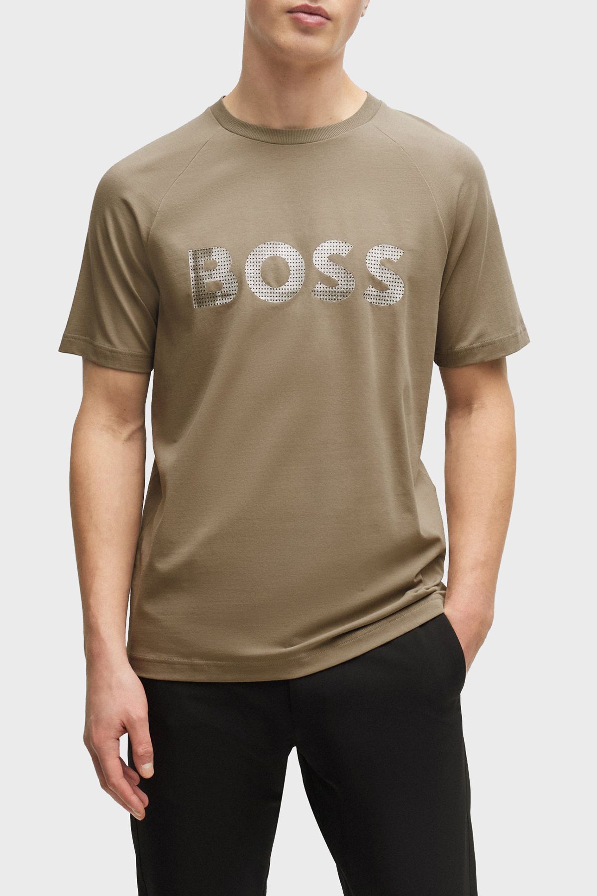 تی شرت سبز مردانه یقه دوچرخه پنبه ای کشش آرم به طور منظم پیراهن 334 BOSS