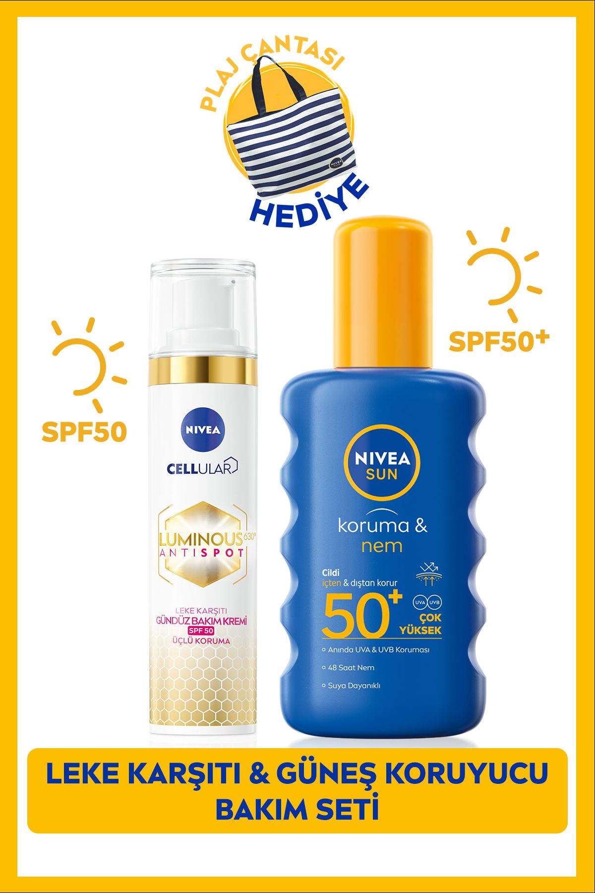 Солнцезащитный спрей NIVEA SUN, 200 мл, дневной крем для лица Luminous630 против пятен, 40 мл, подарочный набор для пляжной сумки.NVE.1047