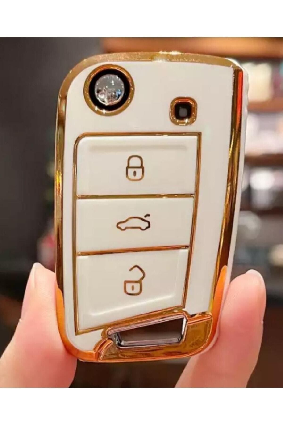 GMA KEYS Seat Leon Fr Ibiza Arona Tarraco Lüks Nano Anahtar Koruma Kılıfı Beyaz Gold Altın Renk
