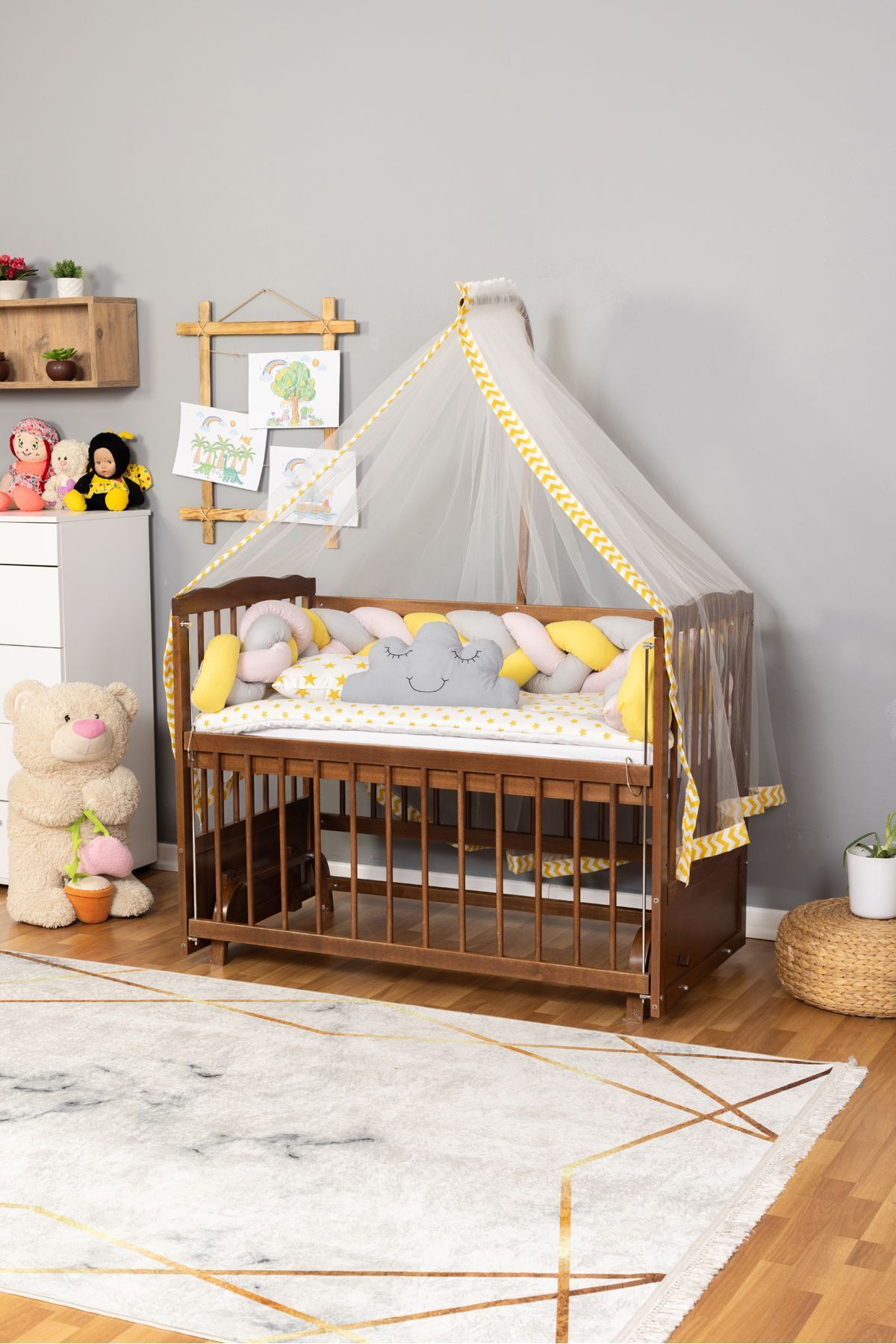 Bamgidoo Ahşap Beşik Anne Yanı Beşik Ceviz 60x120 - Sarı Pembe Örgü Uyku Seti Seti + Yatak