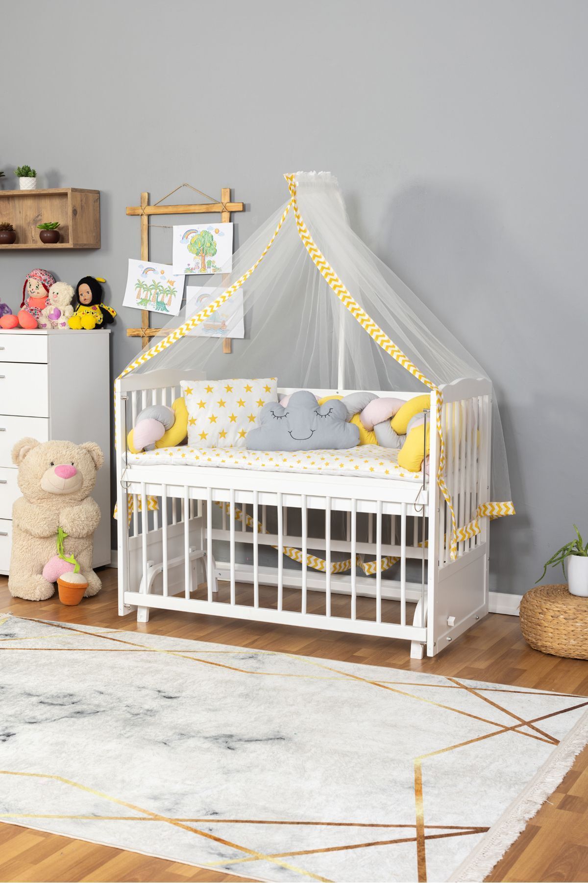 Bamgidoo Ahşap Beşik Anne Yanı Beşik Beyaz 60x120 - Sarı Pembe Örgü Uyku Seti Seti + Yatak