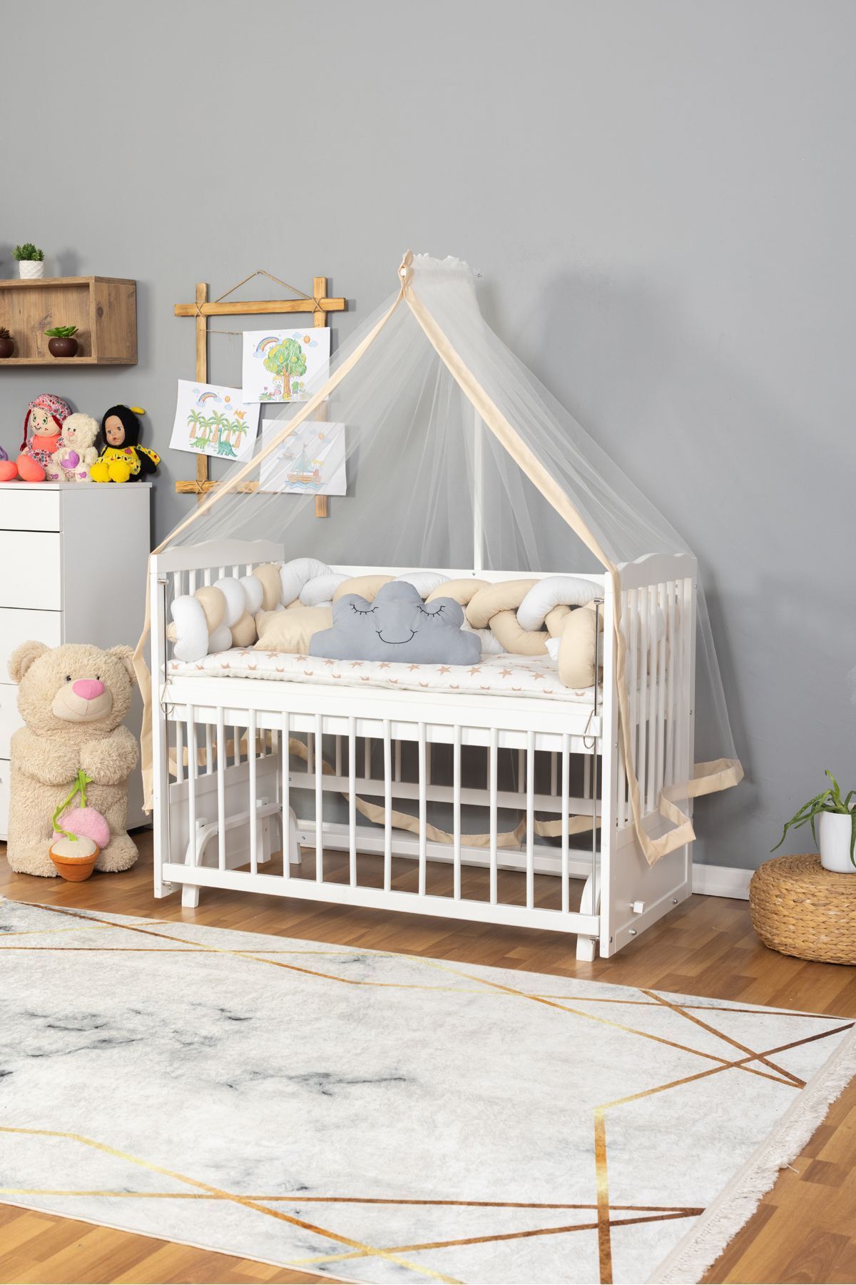 Bamgidoo Ahşap Beşik Anne Yanı Beşik Beyaz 60x120 - Krem Beyaz Örgü Uyku Seti Seti + Yatak