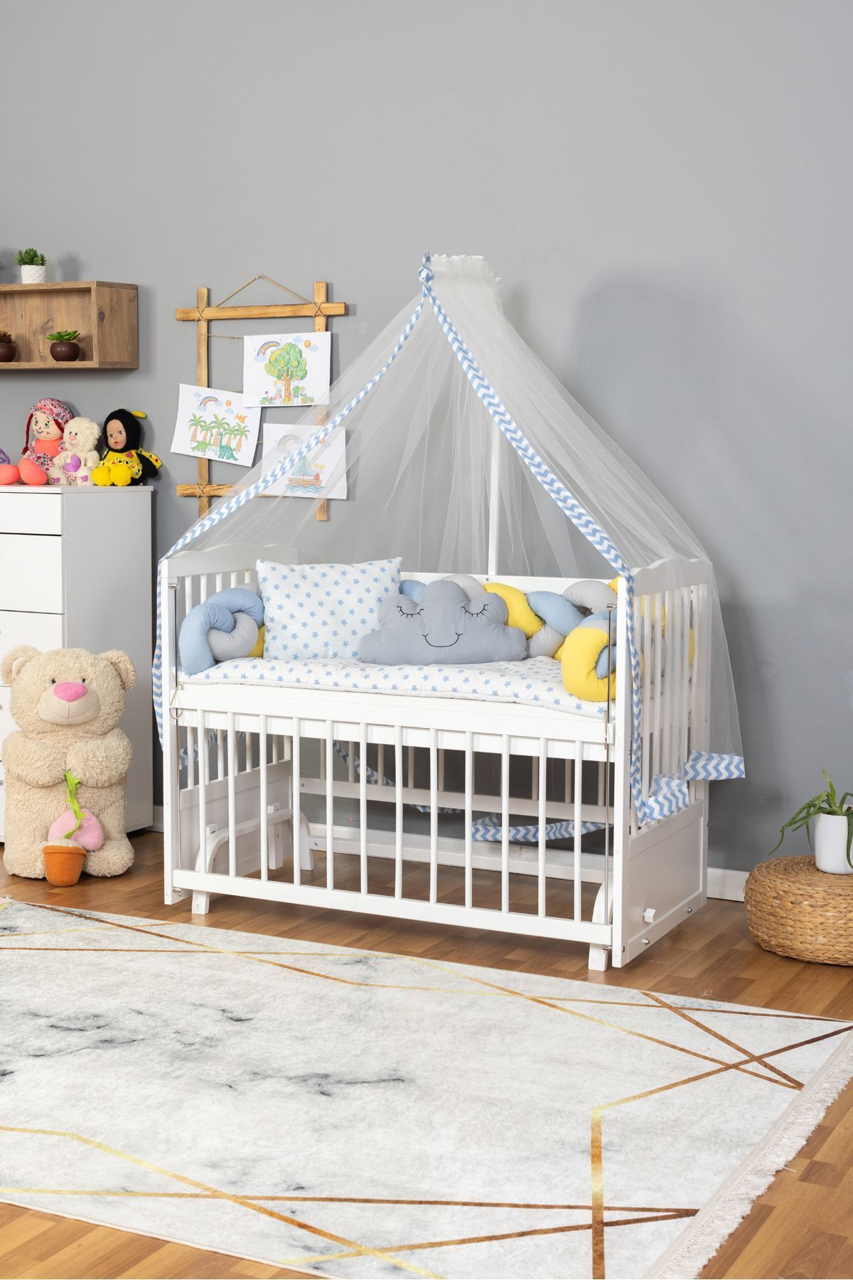 Bamgidoo Ahşap Beşik Anne Yanı Beşik Beyaz 60x120 - Mavi Sarı Örgü Uyku Seti Seti + Yatak