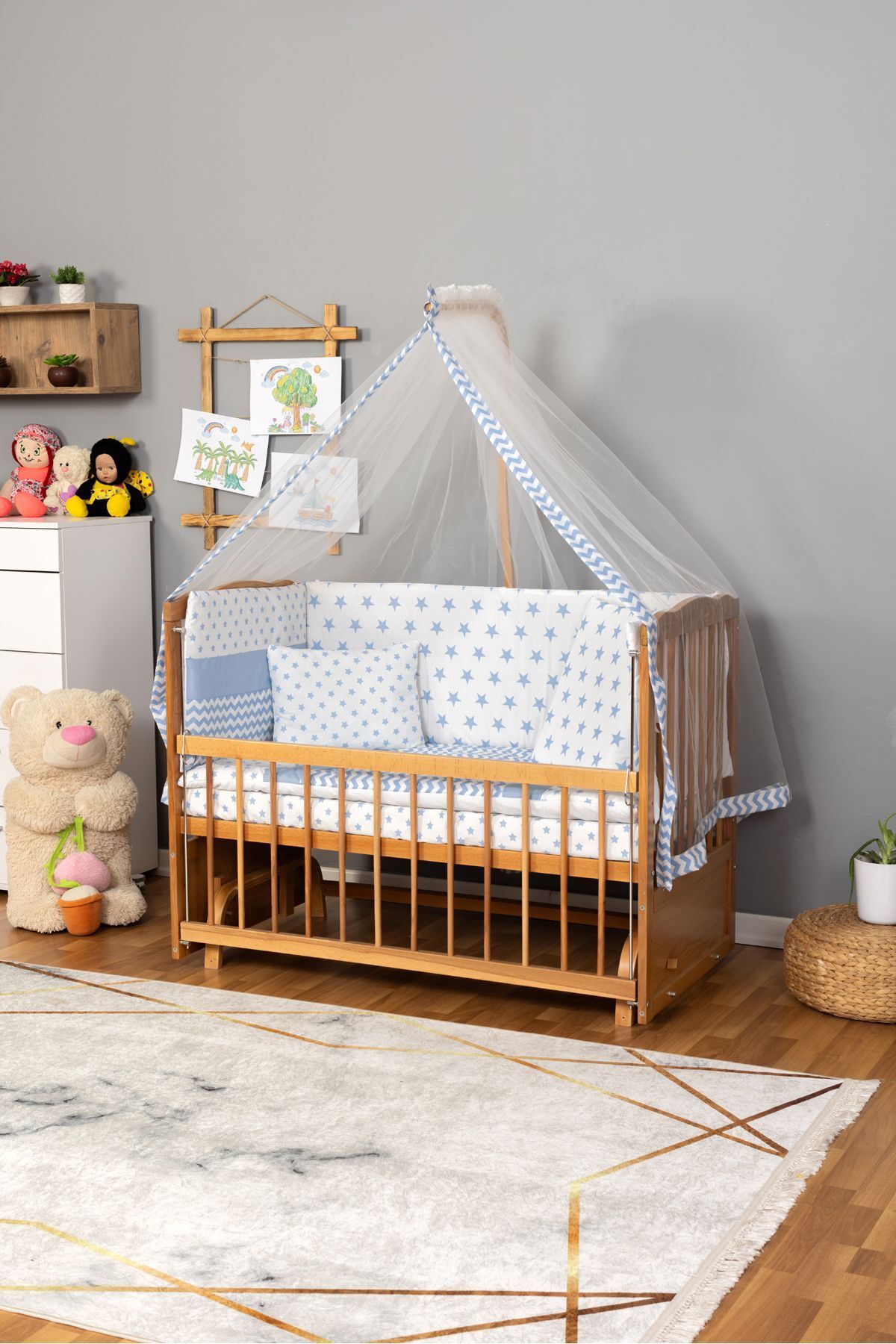 Bamgidoo Ahşap Beşik Anne Yanı Beşik (Vernikli) 60x120 - Mavi Yıldız Tek Yastık Uyku Seti + Yatak