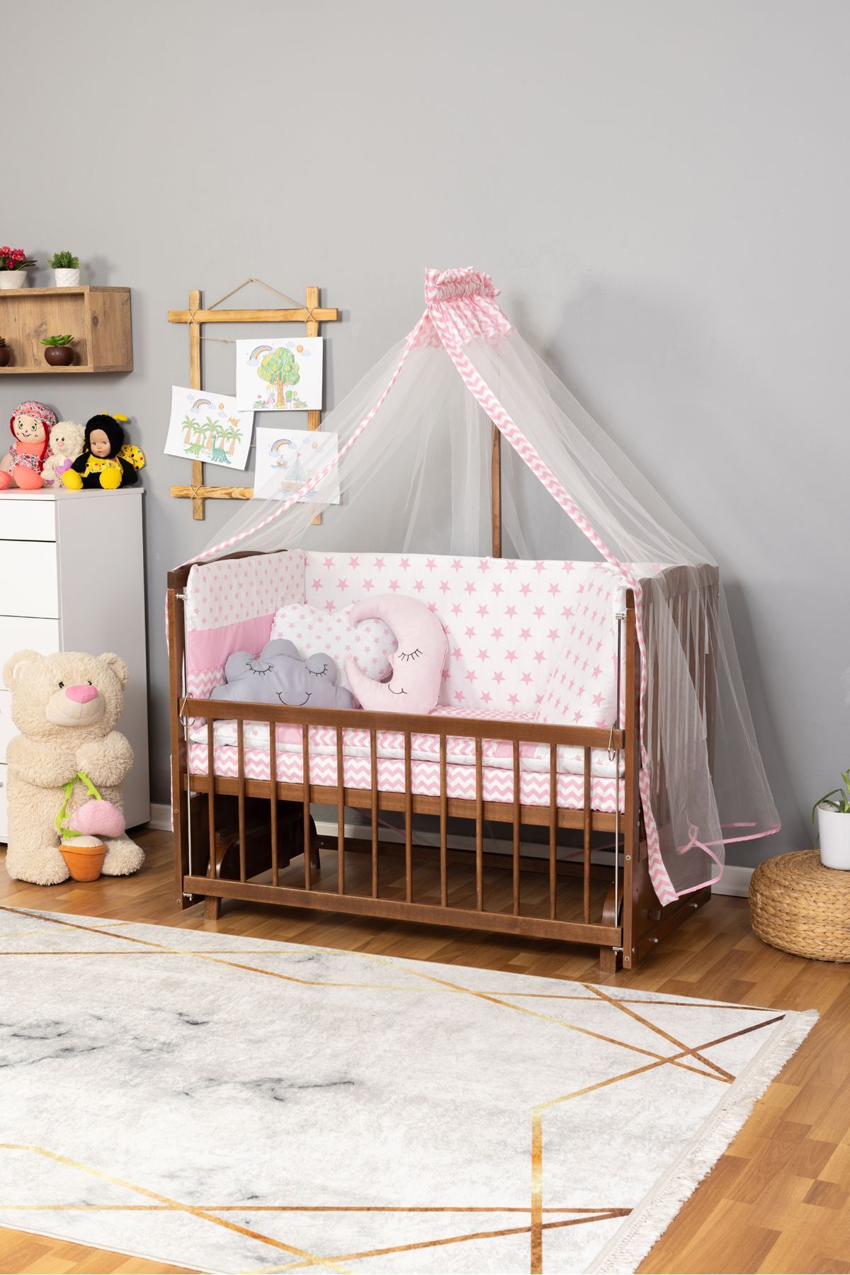 Bamgidoo Ahşap Beşik Anne Yanı Beşik Ceviz 60x120 Pembe Yıldız Uyku Seti Yatak