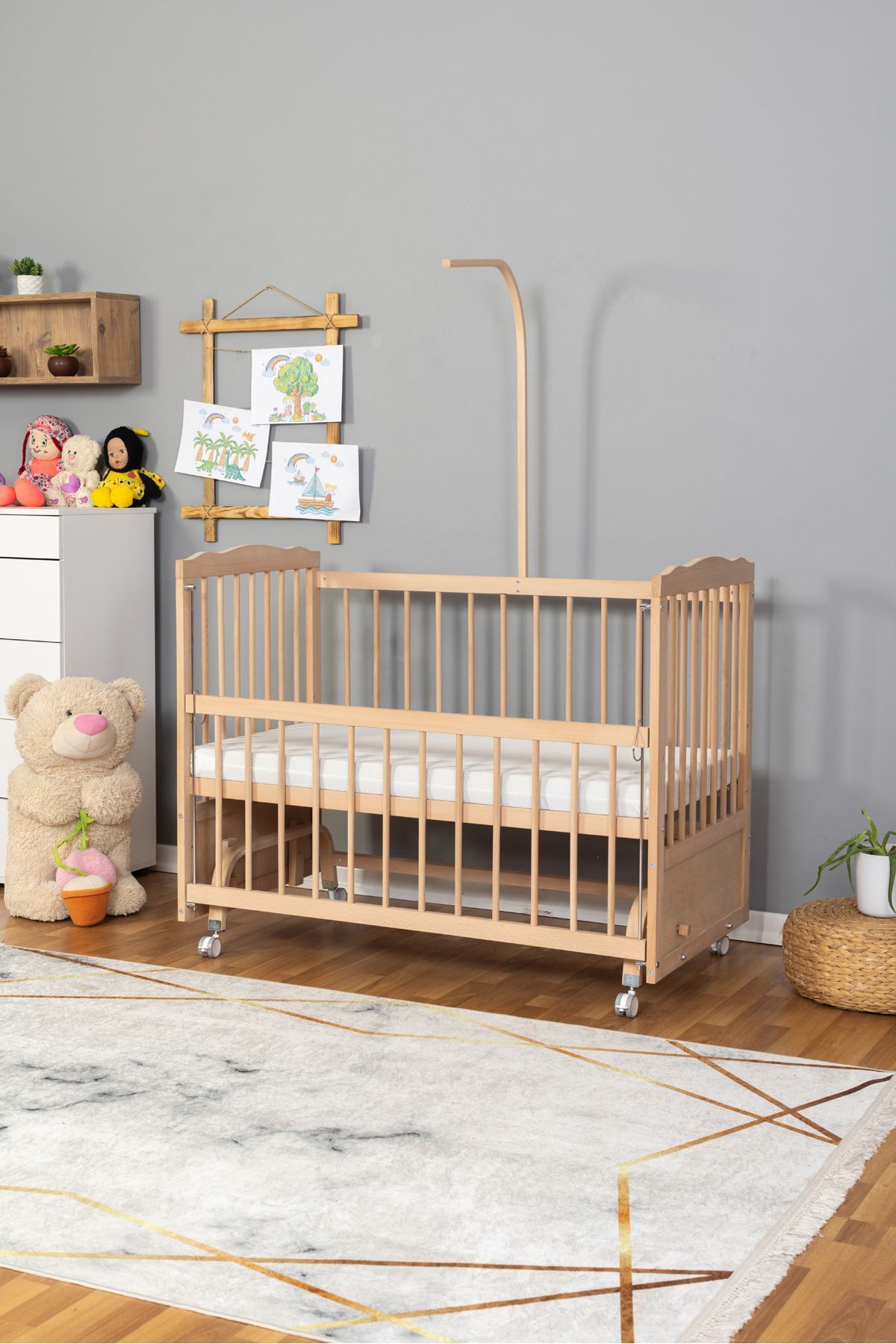 Bamgidoo Ahşap Beşik Anne Yanı Bebek Beşiği Organik (BOYASIZ) 60x120 - Uyku Setsiz Tek Yataklı Tekerlekli