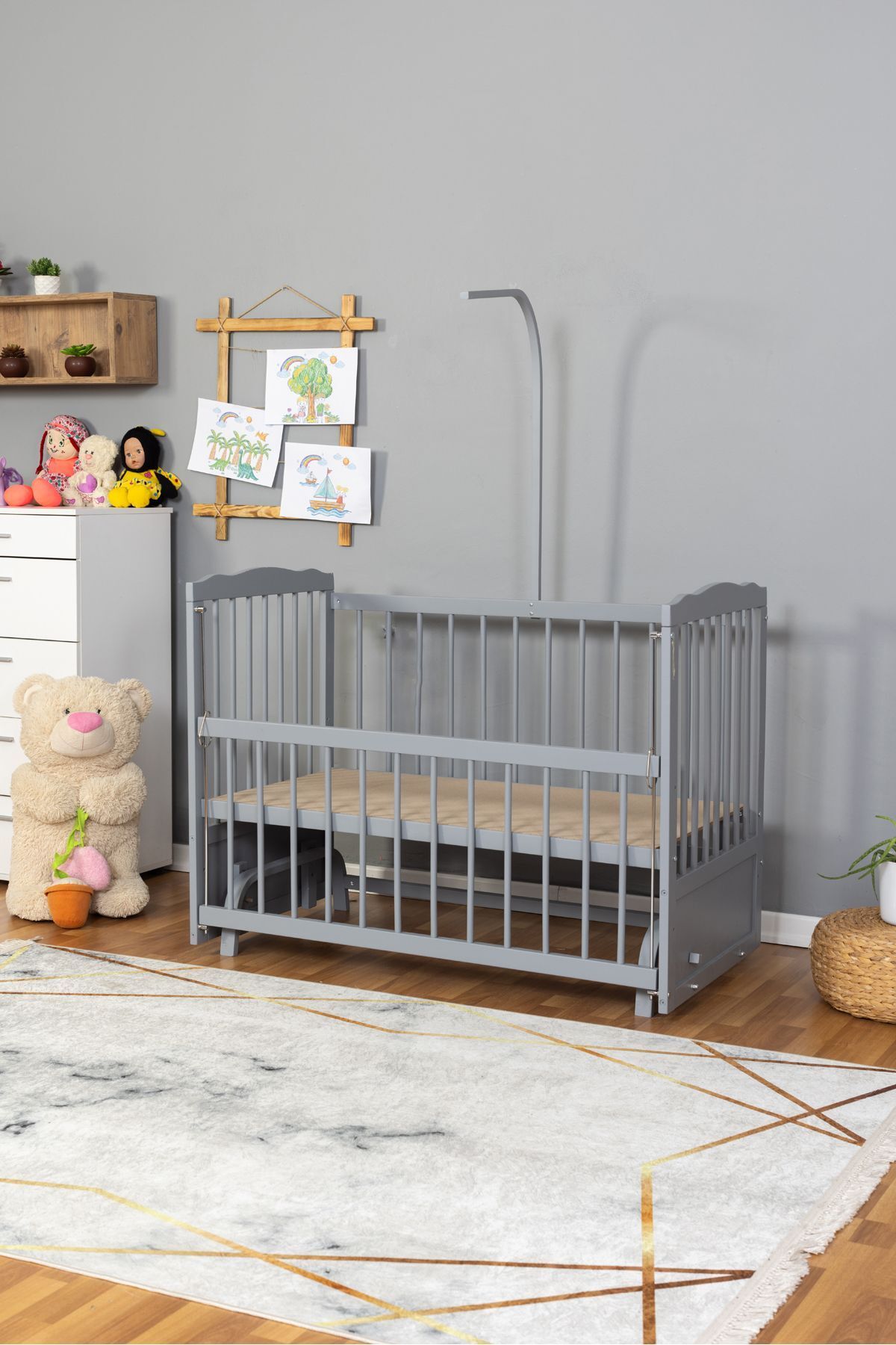 Bamgidoo Ahşap Beşik Anne Yanı Beşik Lake Gri 60x120 - Uyku Setsiz Ve Yataksız