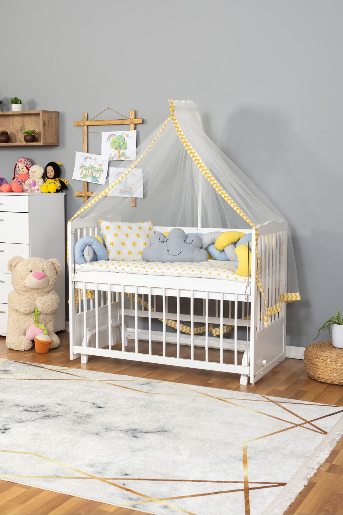 Bamgidoo Ahşap Beşik Anne Yanı Beşik Beyaz 60x120 - Sarı Mavi Örgü Uyku Seti Seti + Yatak