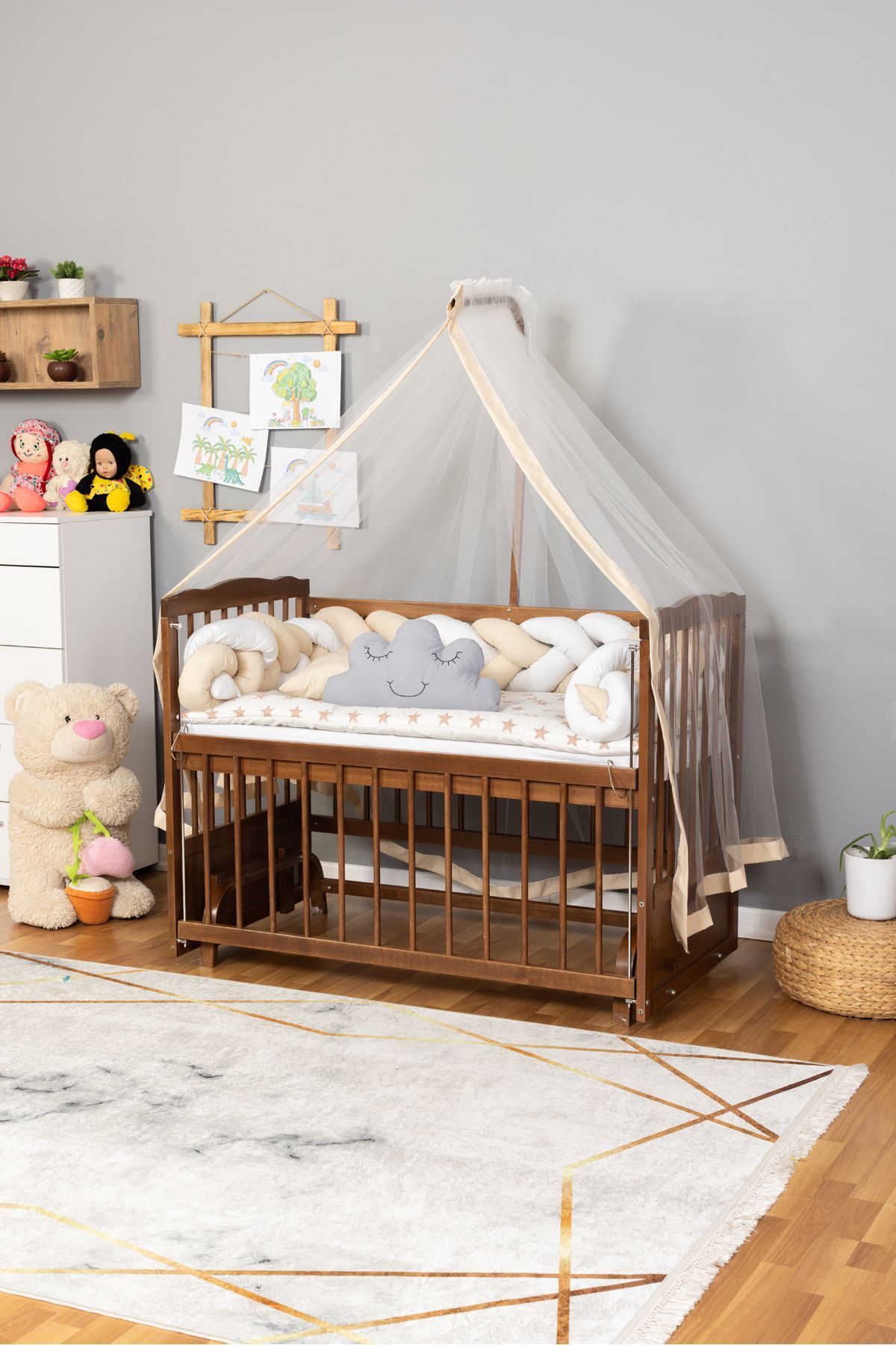 Bamgidoo Ahşap Beşik Anne Yanı Beşik Ceviz 60x120 - Krem Beyaz Örgü Uyku Seti Seti + Yatak