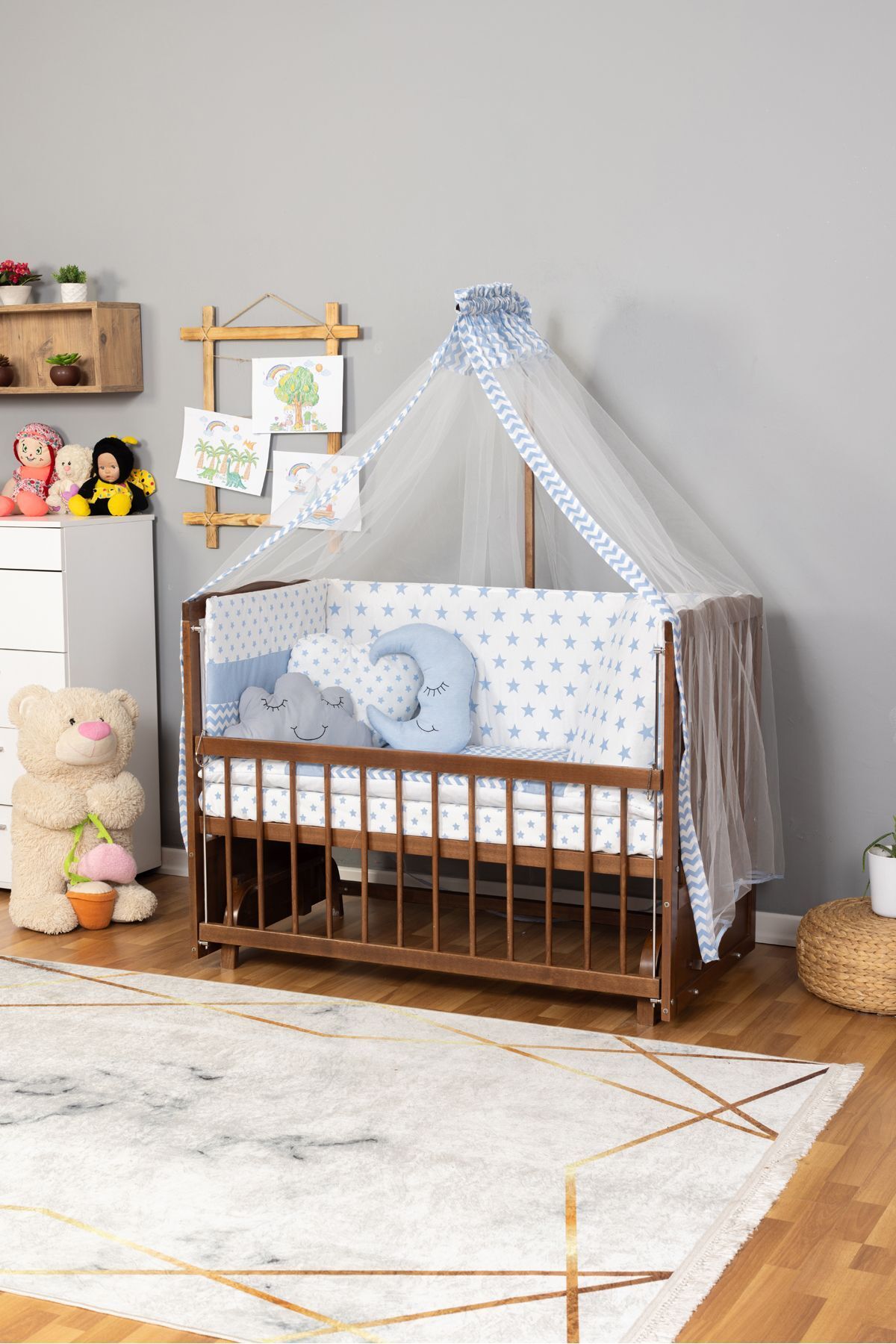 Bamgidoo Ahşap Beşik Anne Yanı Beşik Ceviz 60x120 Mavi Yıldız Uyku Seti Yatak