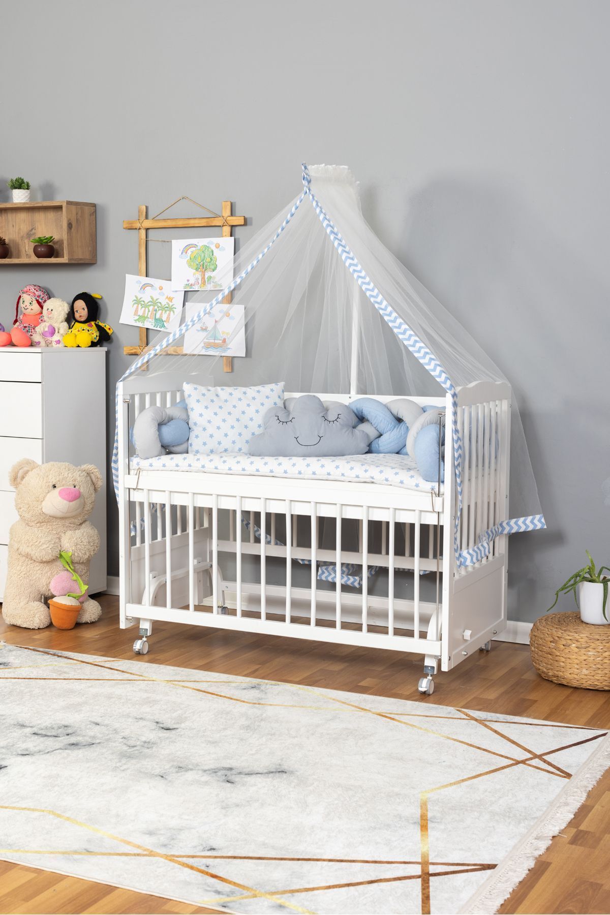 Bamgidoo Ahşap Beşik Anne Yanı Beşik Beyaz 60x120 - Mavi Gri Örgü Uyku Seti Seti + Yatak + Tekerlekli