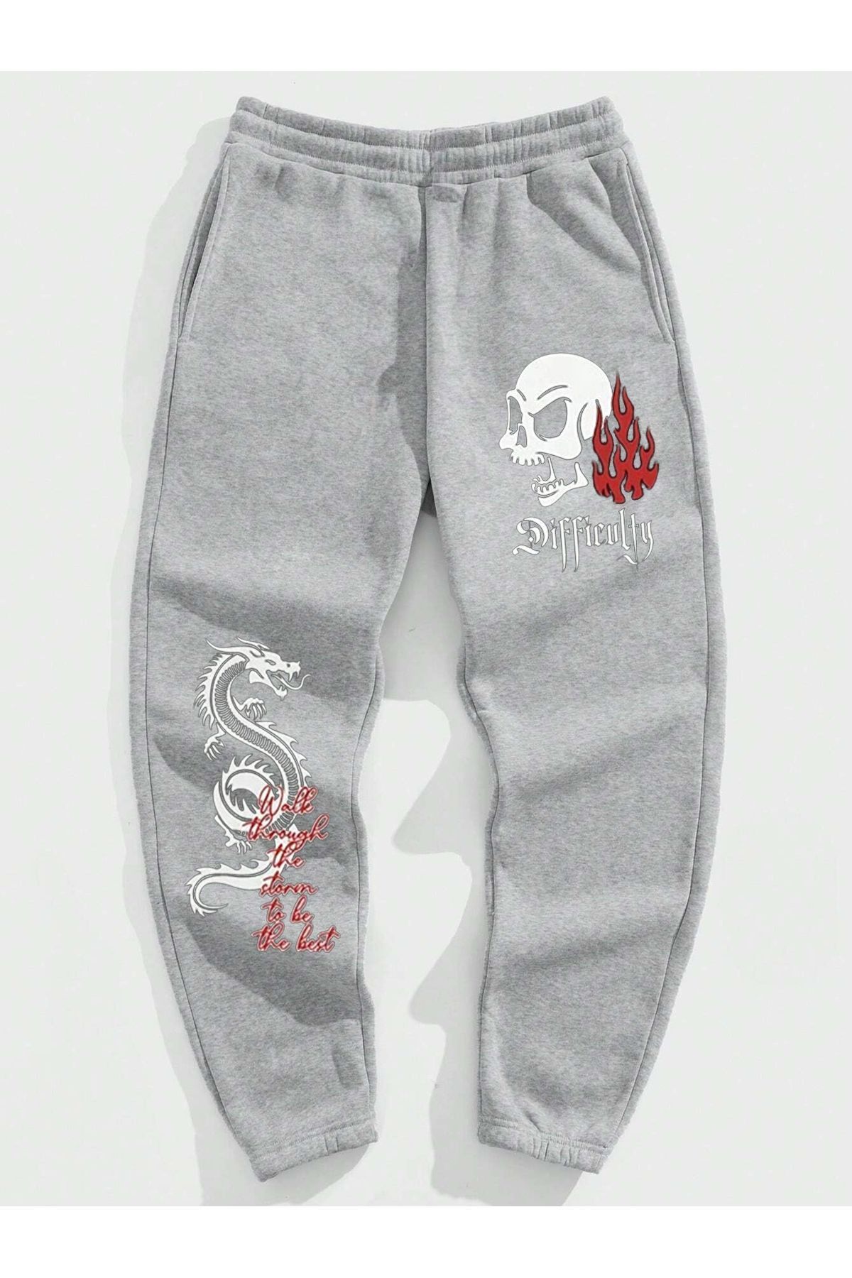 modaberry-Difficulty Dragon Sweatpants Jogger - Gray Printed High Waist Elastic Leg 1