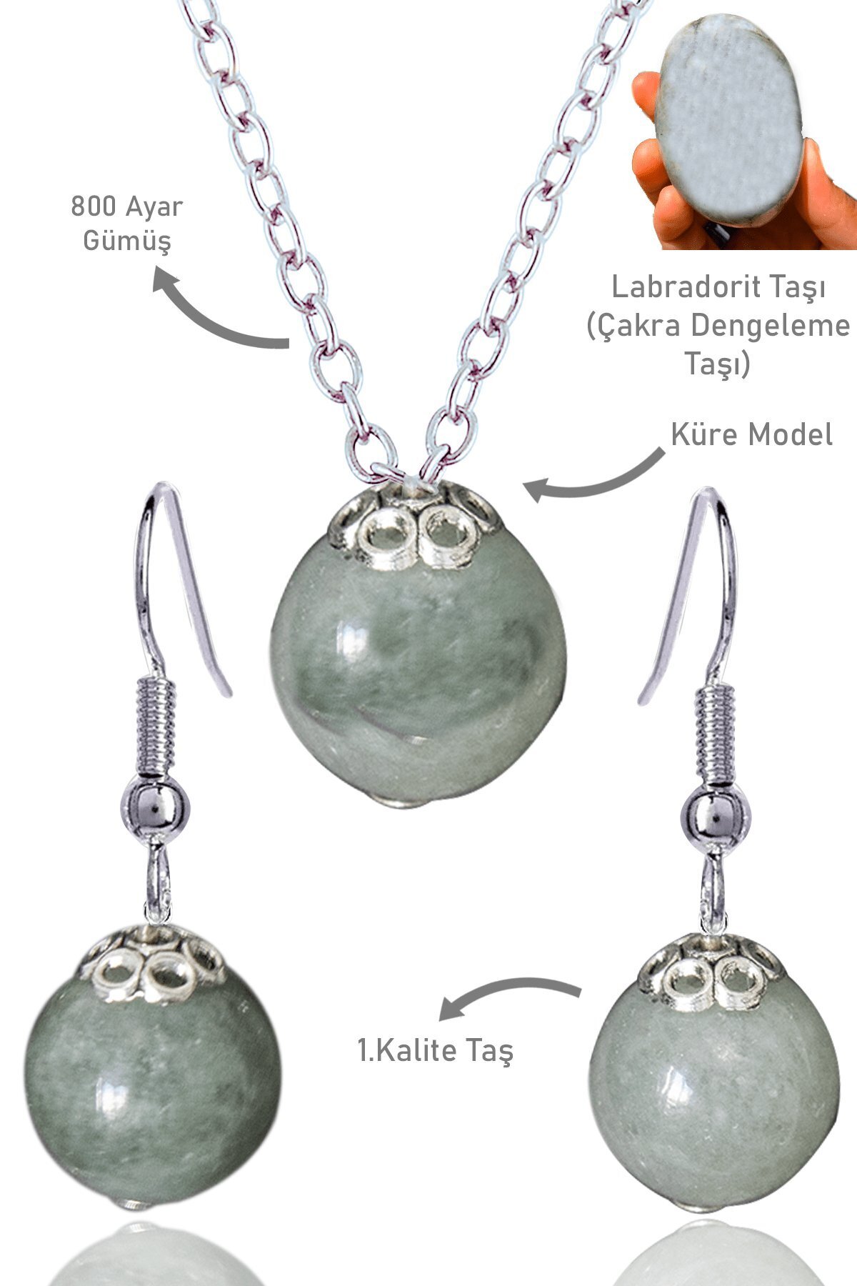 Sertifikalı Küre Model Labradorit Taşı Kolye ve Küpe Seti - Gümüş Aparatlı