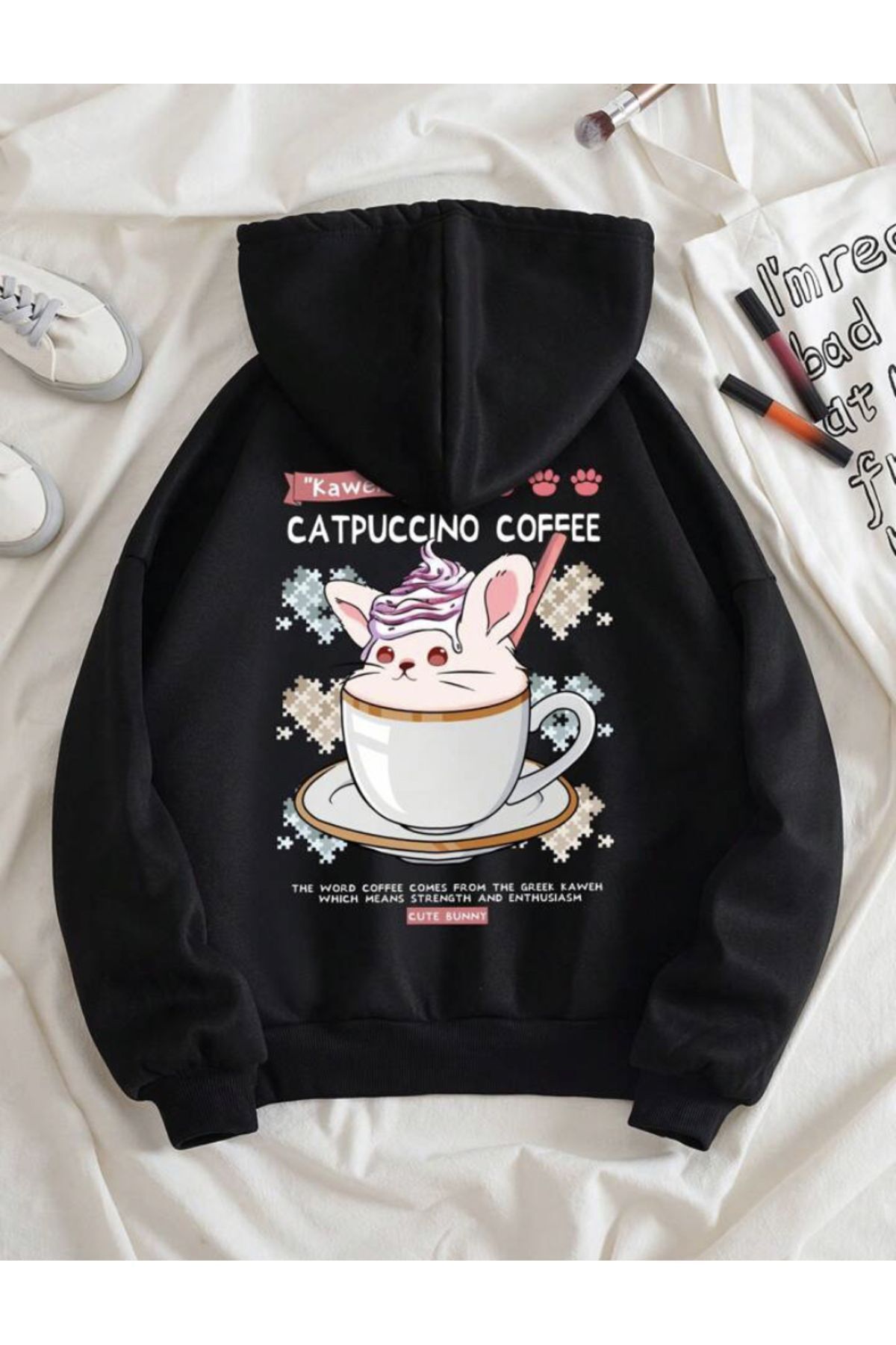 Unisex Coffe Sırt Baskılı Fermuarlı Hırka - 2 iplik — مشکی F2S00005