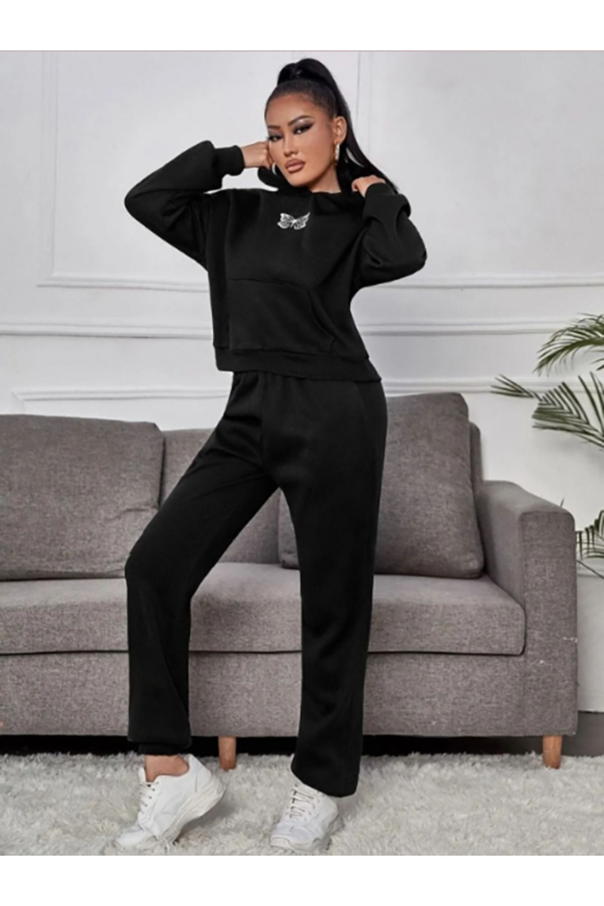 Siyah Kelebek Baskılı Oversize kapüşonlu alt üst eşofman takımı Lastik Paça — مشکی TYCD1A8LMN169364968623045 — تصویر 4 از 5