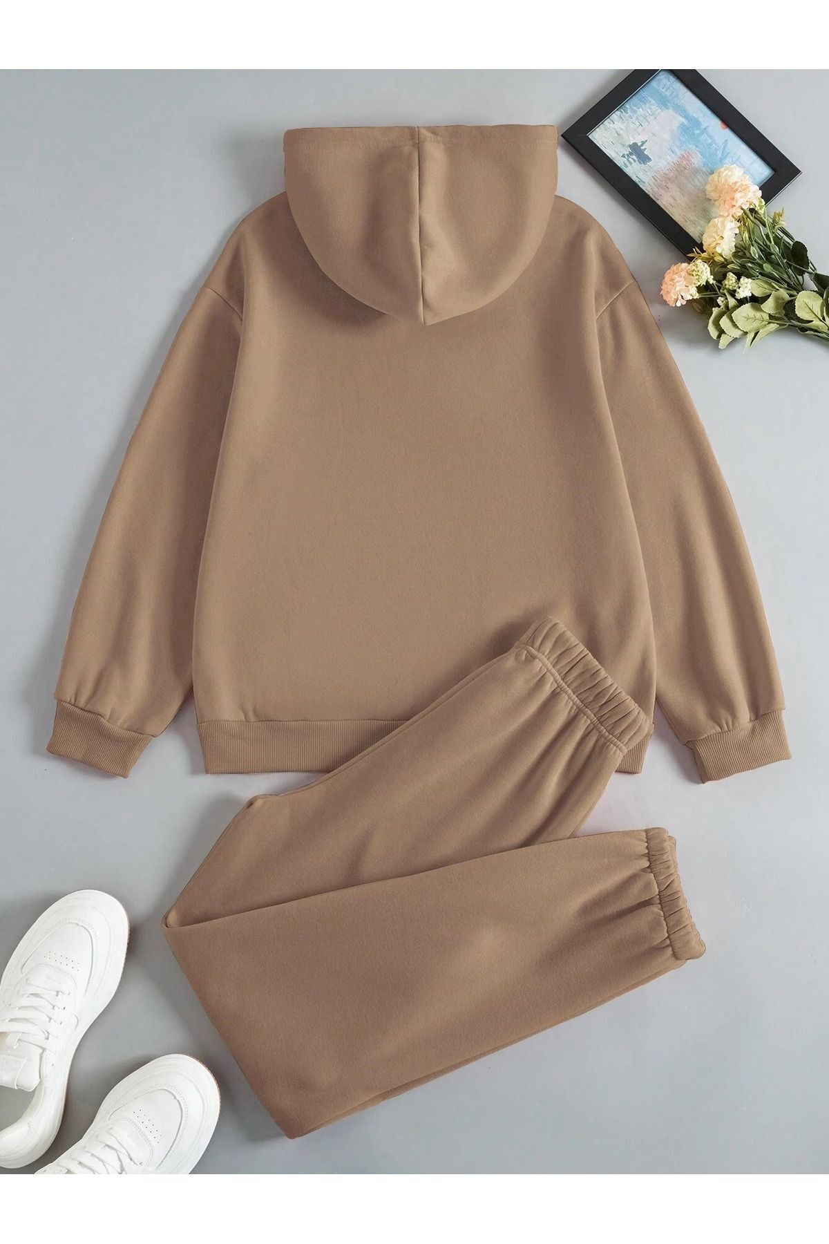 Brooklyn U.S.A Sweatshirt Eşofman Altı Jogger - Bej Baskılı Alt Üst Eşofman Takımı Kapüşonlu — بژ BROKLYUSATKM-CA — تصویر 2 از 2
