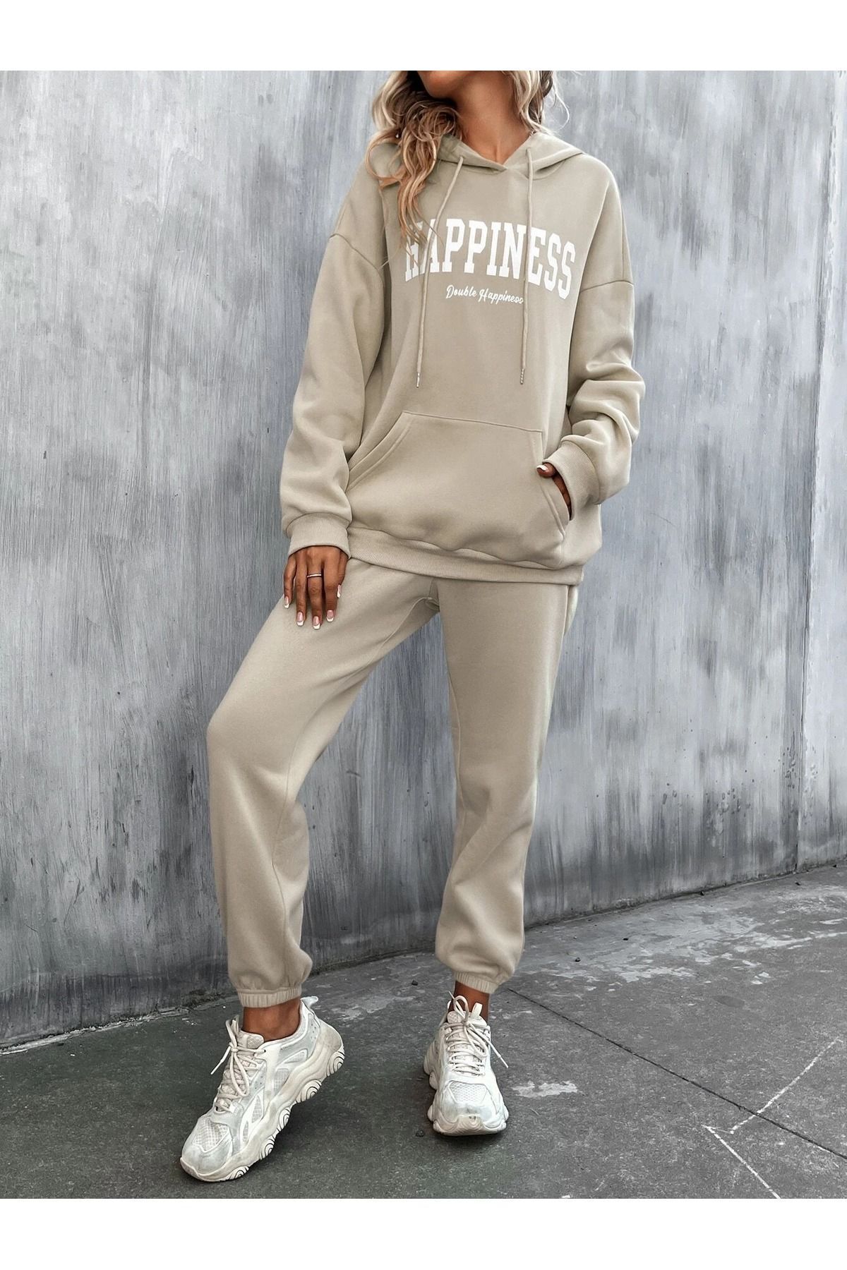 Happiness Sweatshirt Eşofman Altı Jogger - Bej Baskılı Alt Üst Eşofman Takımı Kapüşonlu — بژ HPNNSTKMM-CA — تصویر 5 از 5