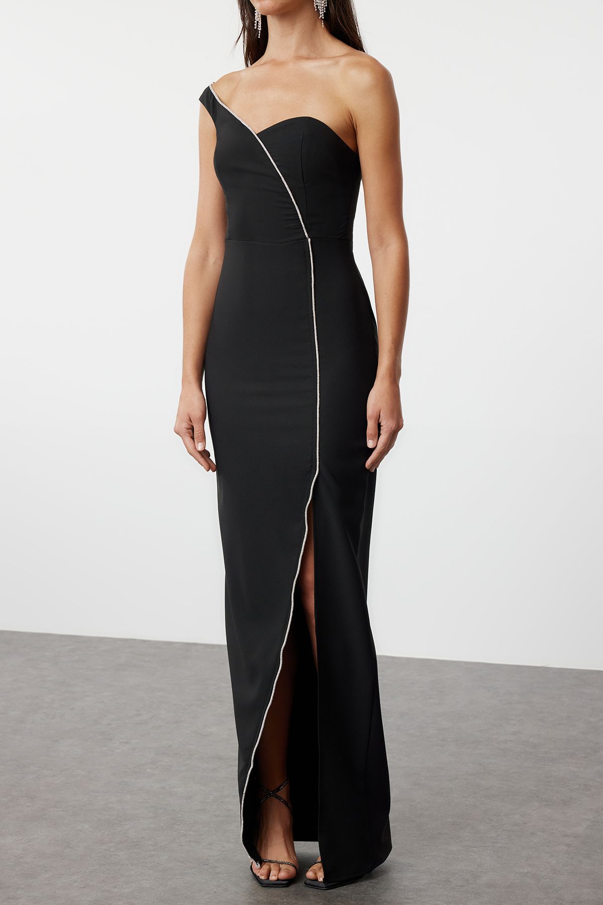 Trendyol Collection-Black Long Evening Dress with Stone Accessories - Single Sleeve Woven TPRSS24AE00166 3