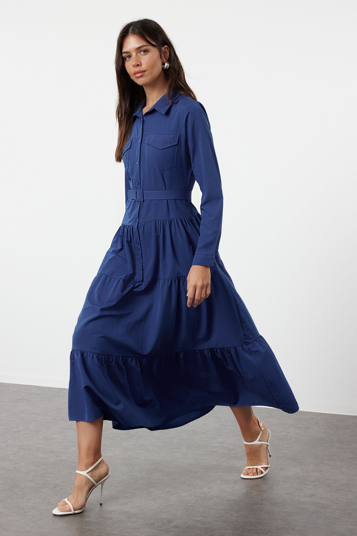 Trendyol Modest Bawełniana Niebieska Sukienka Koszulowa Z Paskiem - Kobieta - 36