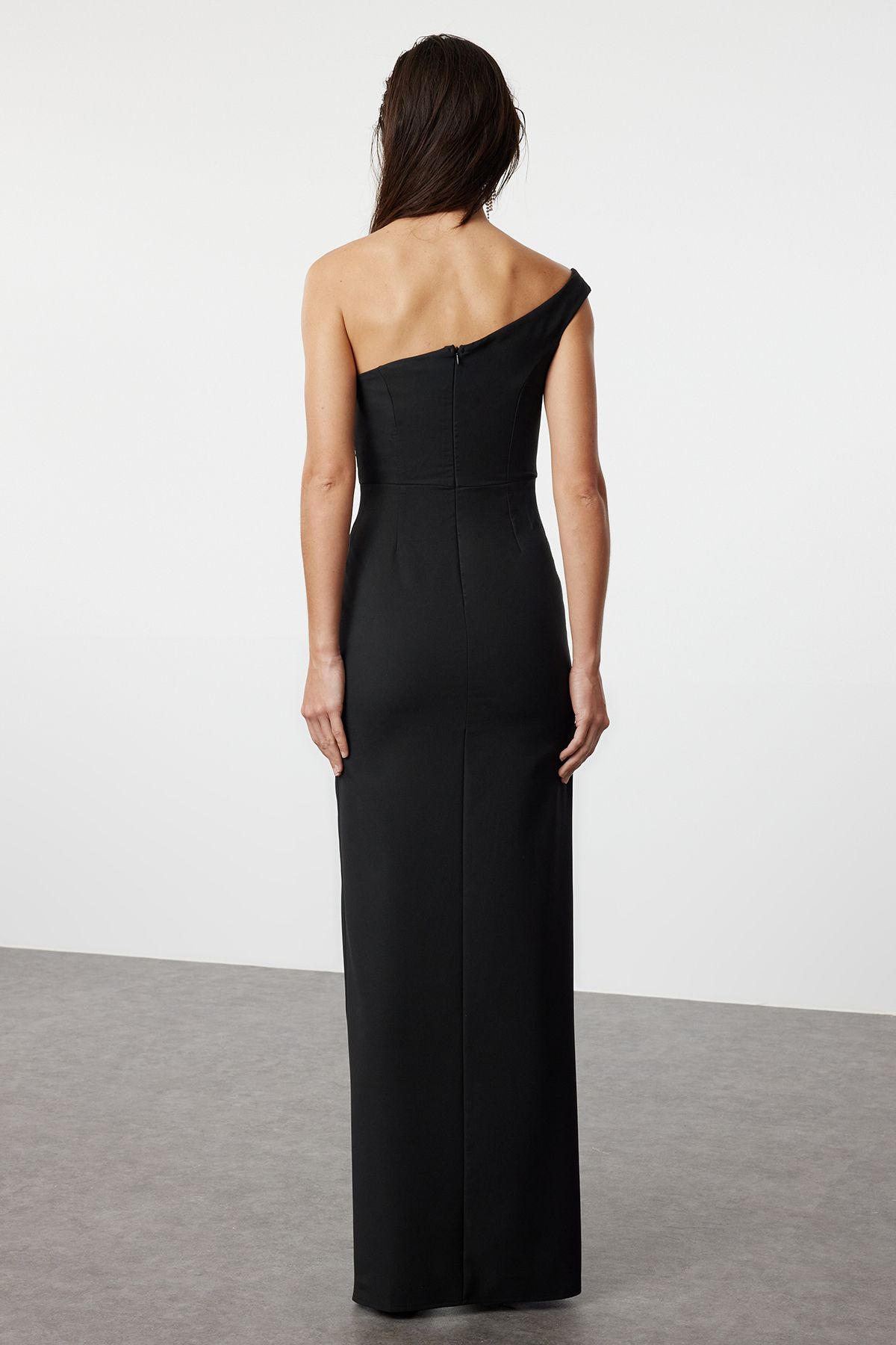 Trendyol Collection-Black Long Evening Dress with Stone Accessories - Single Sleeve Woven TPRSS24AE00166 5