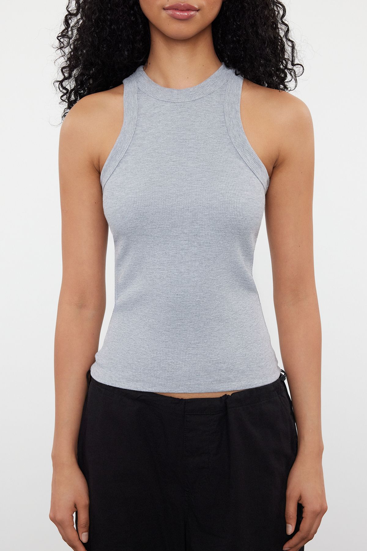 Trendyol Collection-Flexible Corded Gray Melange Halter Neck Tank Top - Fitting on the Body, Regular Size TWOSS24AL00064 3