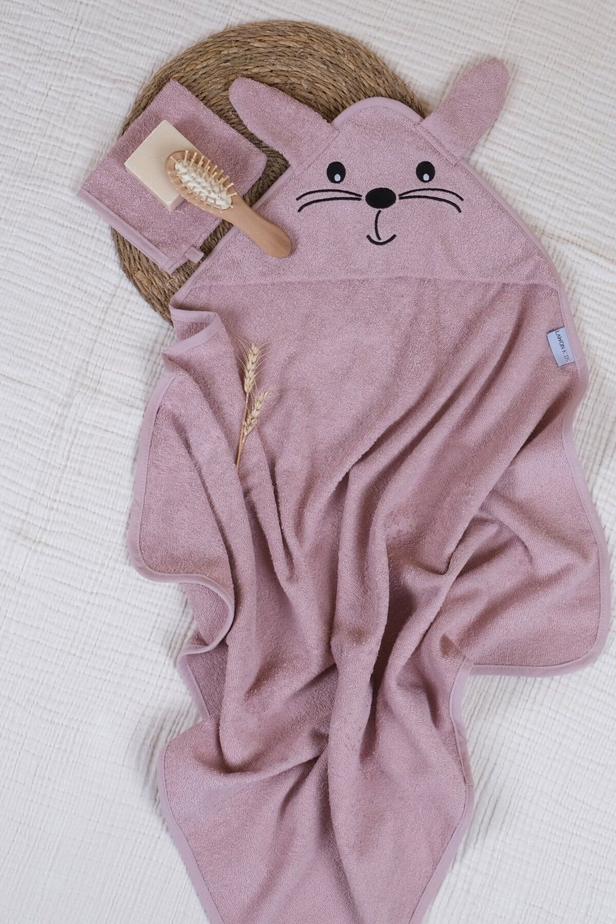 Lawon Kids %100 Pamuk Tavşan Desen Nakışlı ve Kese Hediyeli Bebek Havlu Kundak *Pembe fotoğrafı 2 (önizleme)