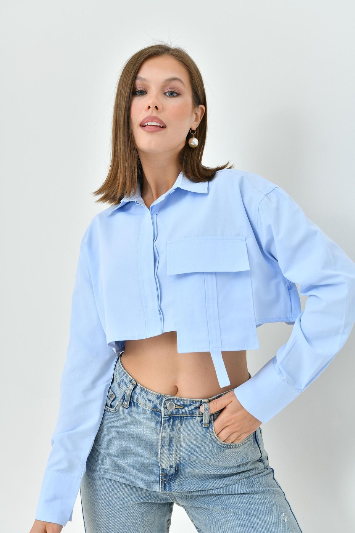 色々な Pocket Single Cotton 100% enmodaiçgiyim Long Crop Sleeve Clothing