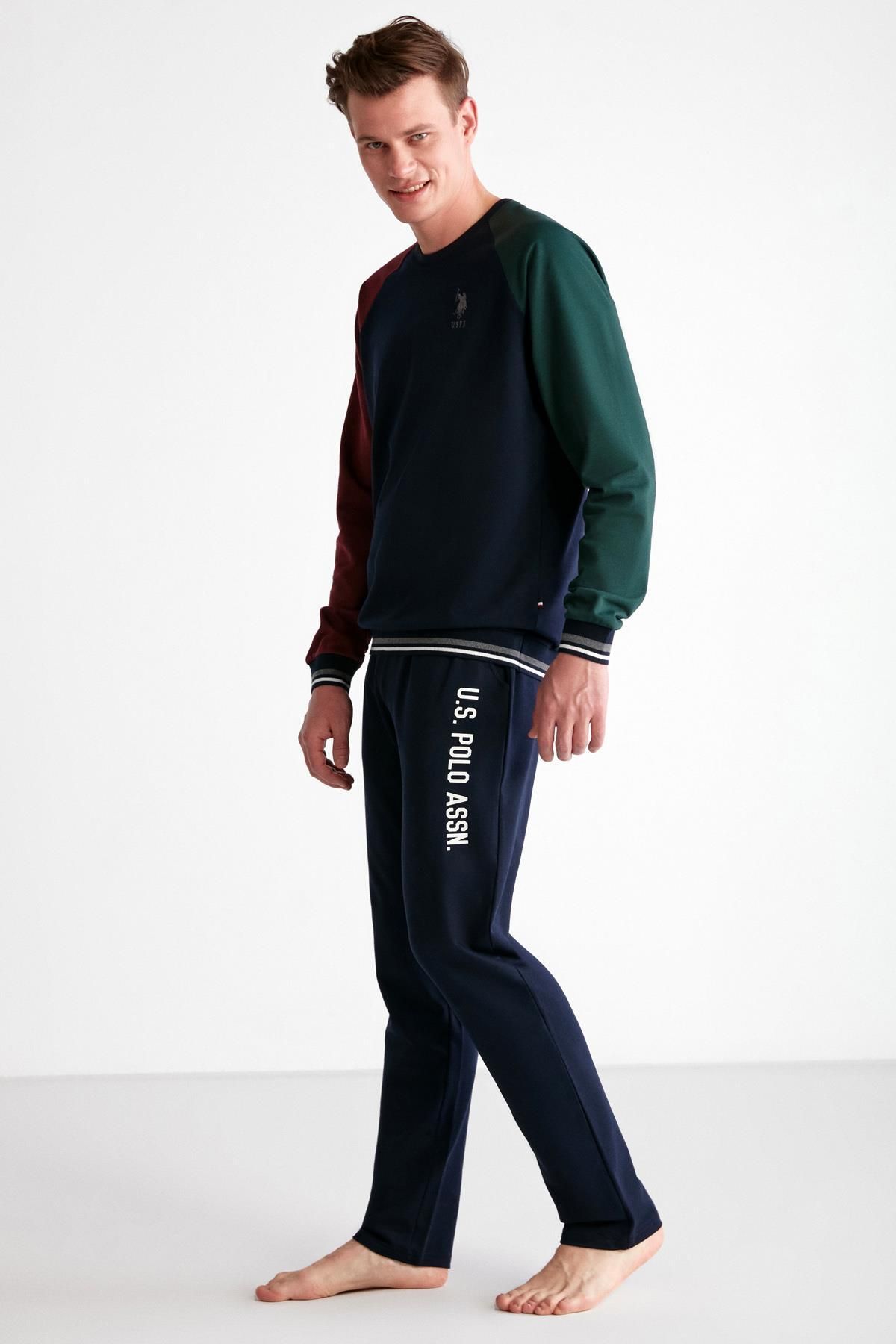 ست پیژامه آبی مردانه لباس خواب زمستانی 2 نخ، آستین های یقه گرد با سرآستین و جیب U.S. Polo Assn.