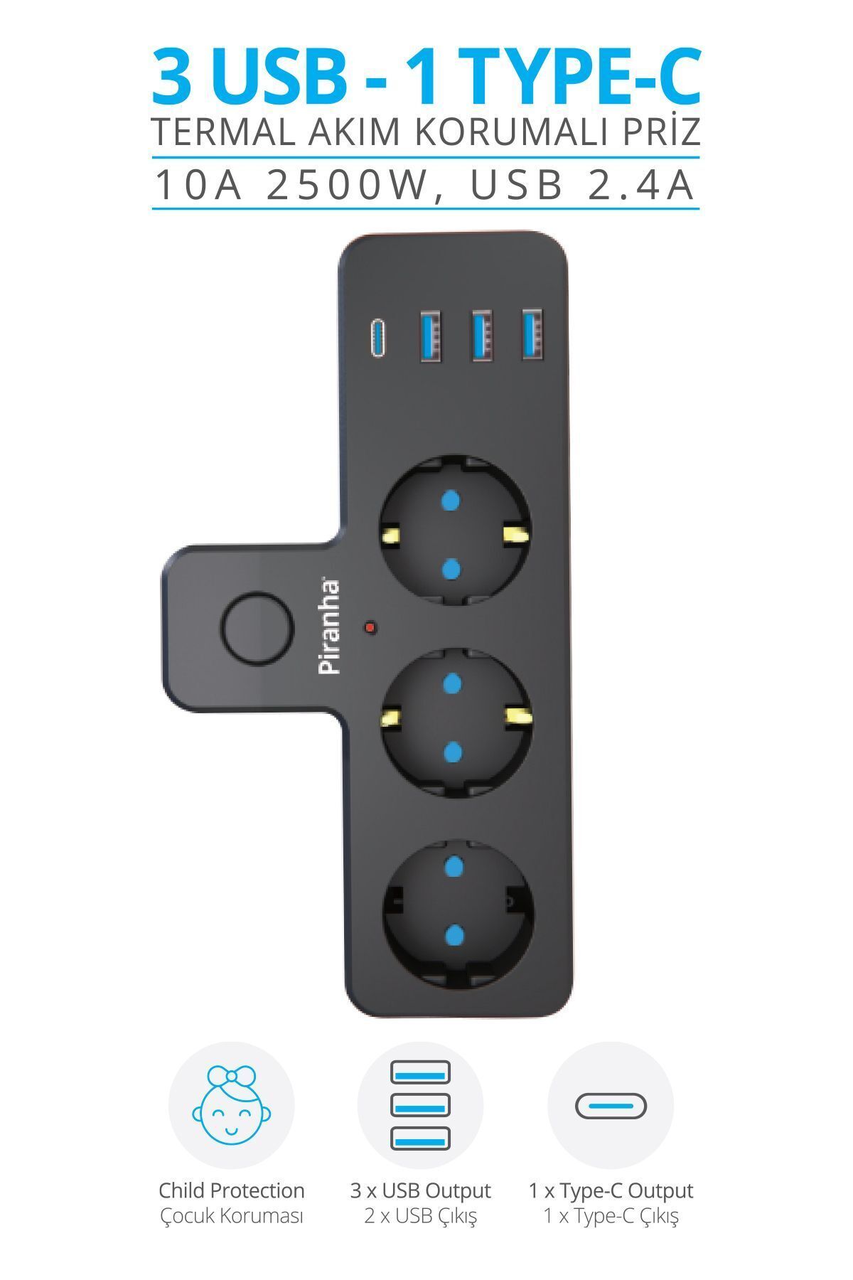 Piranha 45520 Termal Akım Korumalı / 3 X Usb - 1 X Type-c Girişli / 3'lü Priz