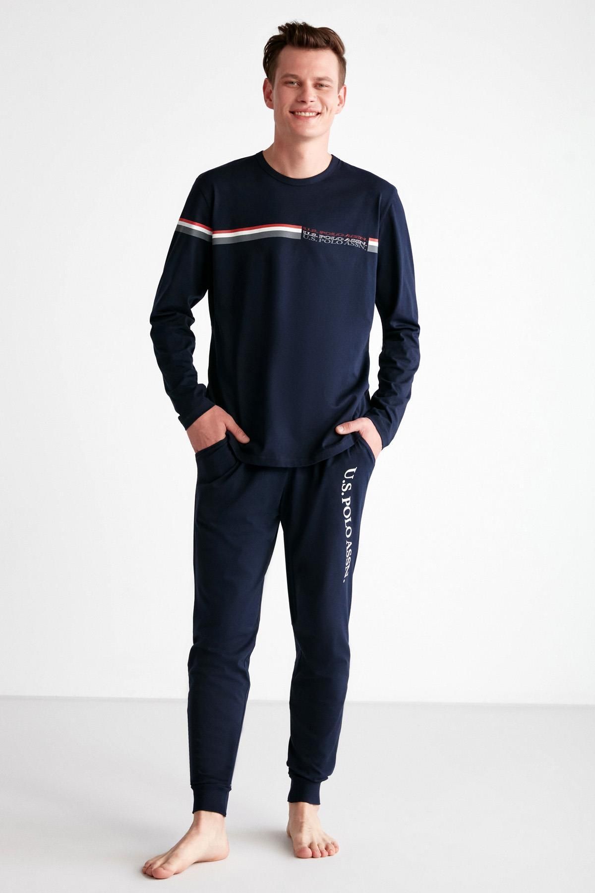 ست پیژامه آبی مردانه لباس خواب آستین بلند یقه گرد دمپایی فصلی پنبه ای شانه دار U.S. Polo Assn.