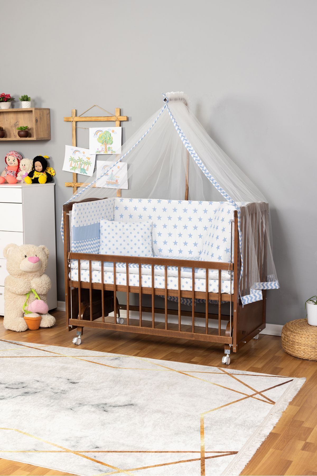 Bamgidoo Ahşap Beşik Anne Yanı Beşik Ceviz 60x120 - Mavi Yıldız Tek Yastık Uyku Seti + Yatak + Tekerlekli