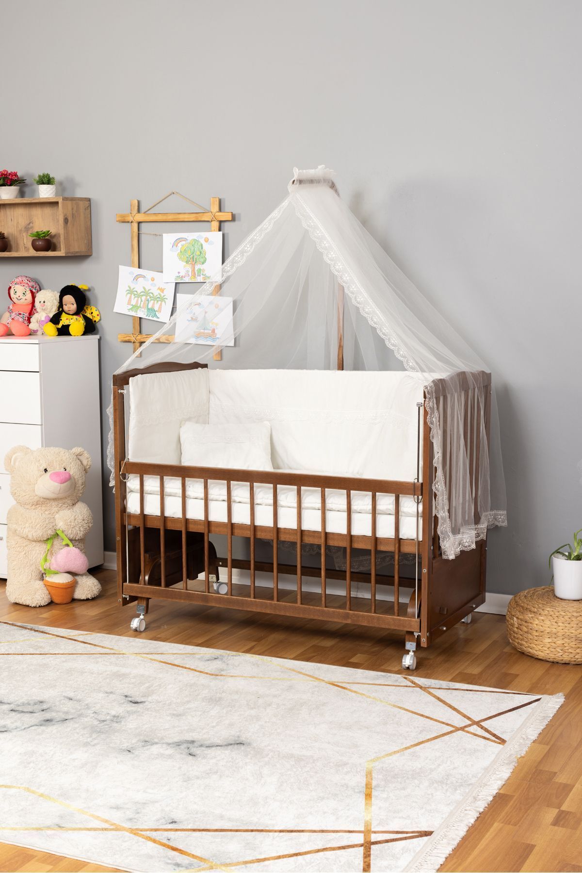 Bamgidoo Ahşap Beşik Anne Yanı Beşik Ceviz 60x120 Krem Güpür Uyku Seti Yatak Tekerlekli
