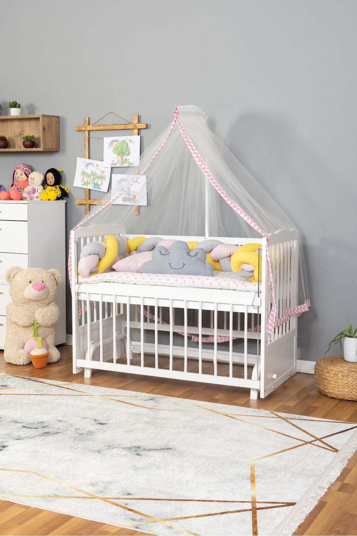 Bamgidoo Ahşap Beşik Anne Yanı Beşik Beyaz 60x120 - Pembe Sarı Örgü Uyku Seti Seti + Yatak