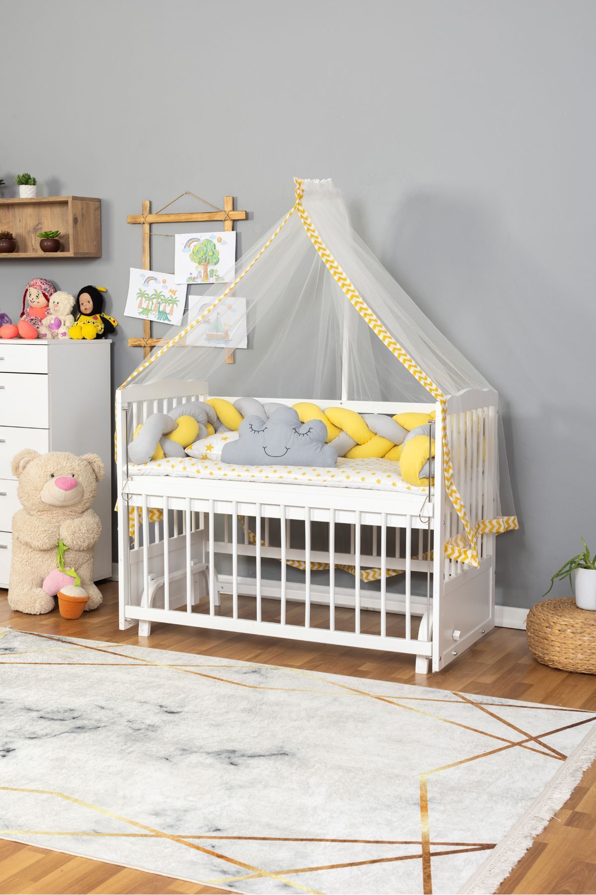 Bamgidoo Ahşap Beşik Anne Yanı Beşik Beyaz 60x120 - Sarı Gri Örgü Uyku Seti Seti + Yatak