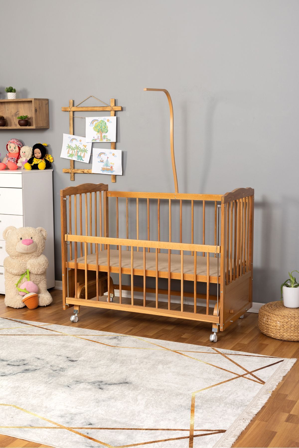 Bamgidoo Ahşap Beşik Anne Yanı Beşik Doğal (VERNİKLİ) 60x120 - Uyku Setsiz Ve Yataksız Tekerlekli