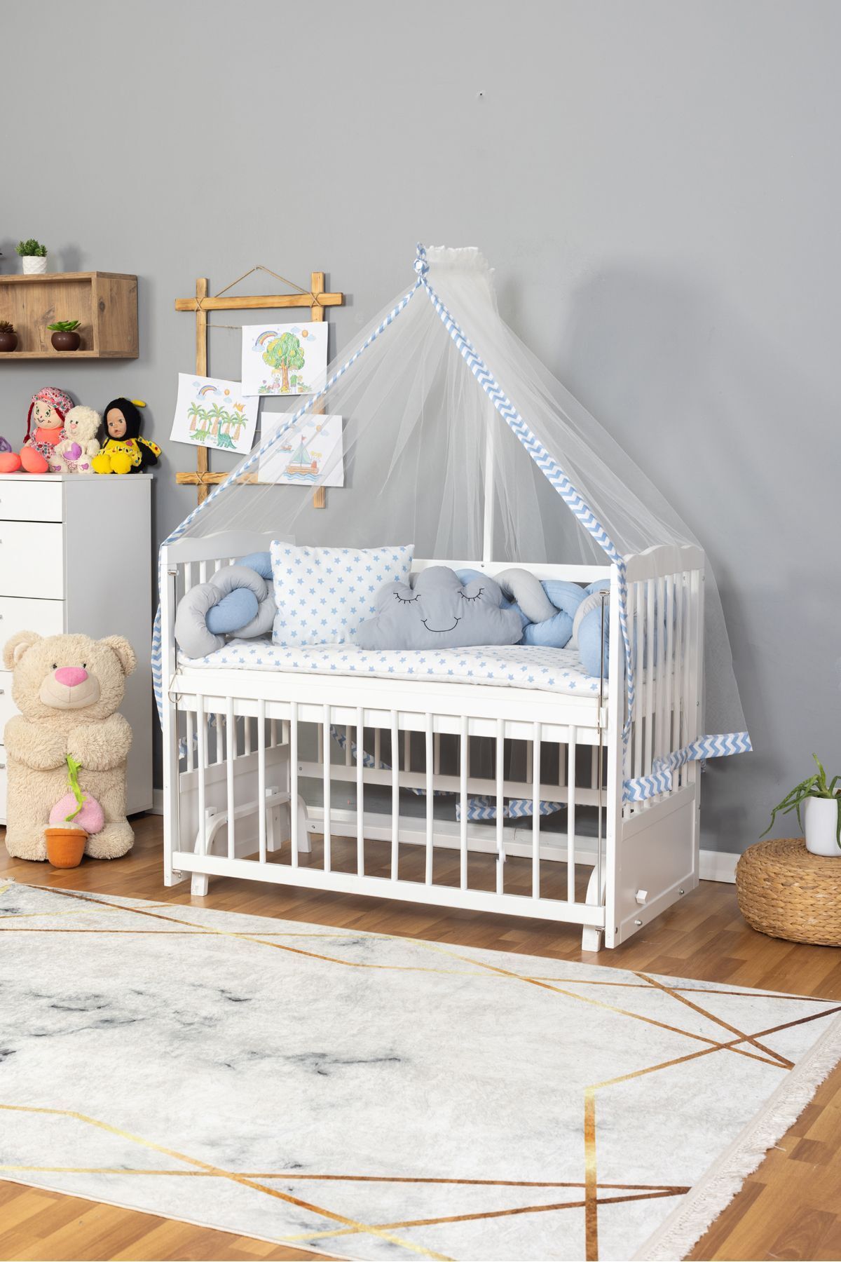 Bamgidoo Ahşap Beşik Anne Yanı Beşik Beyaz 60x120 - Mavi Gri Örgü Uyku Seti Seti + Yatak