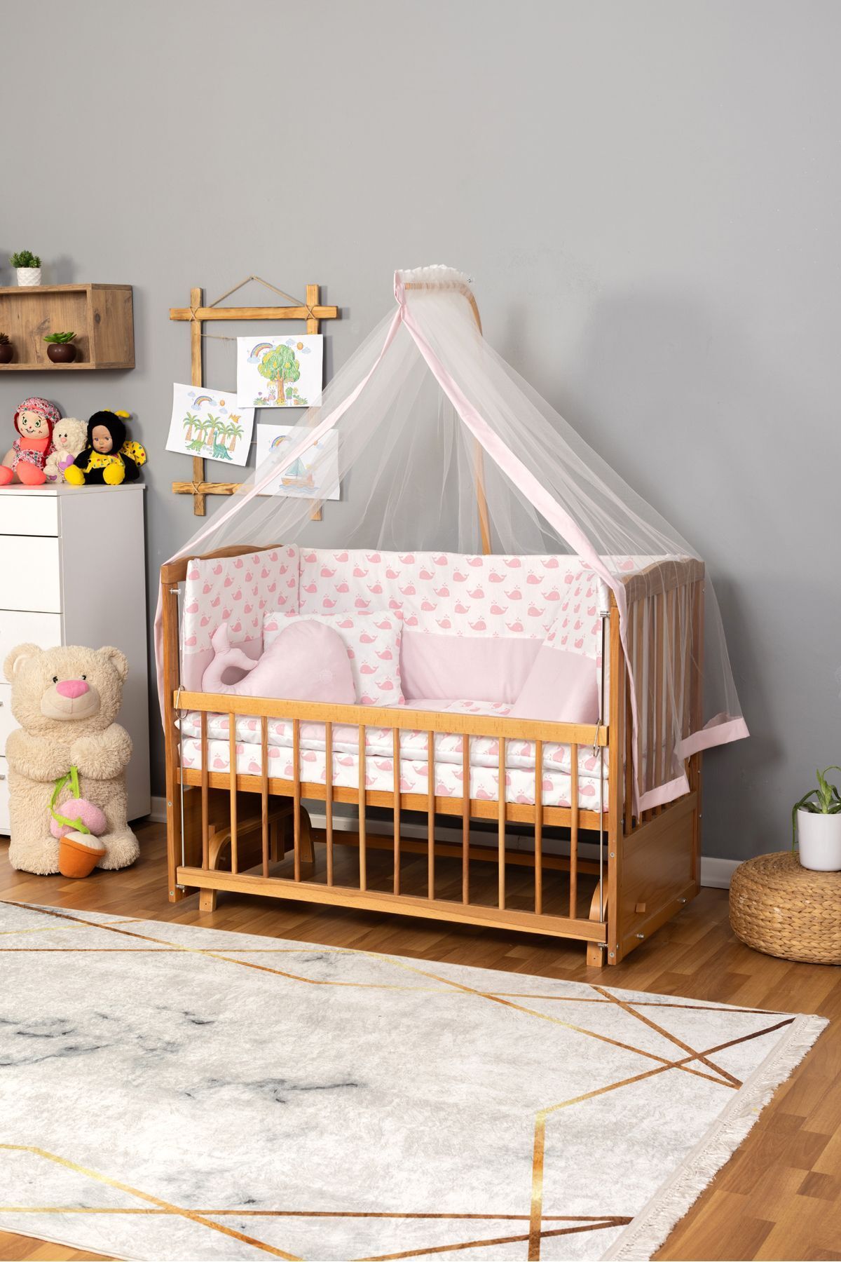 Bamgidoo Ahşap Beşik Anne Yanı Beşik Doğal (VERNİKLİ) 60x120 - Pembe Balina Uyku Seti Yatak