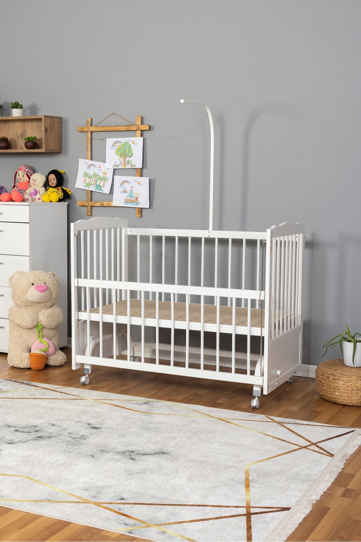 Bamgidoo Ahşap Beşik Anne Yanı Beşik Beyaz 60x120 - Uyku Setsiz Yataksız + Tekerlekli