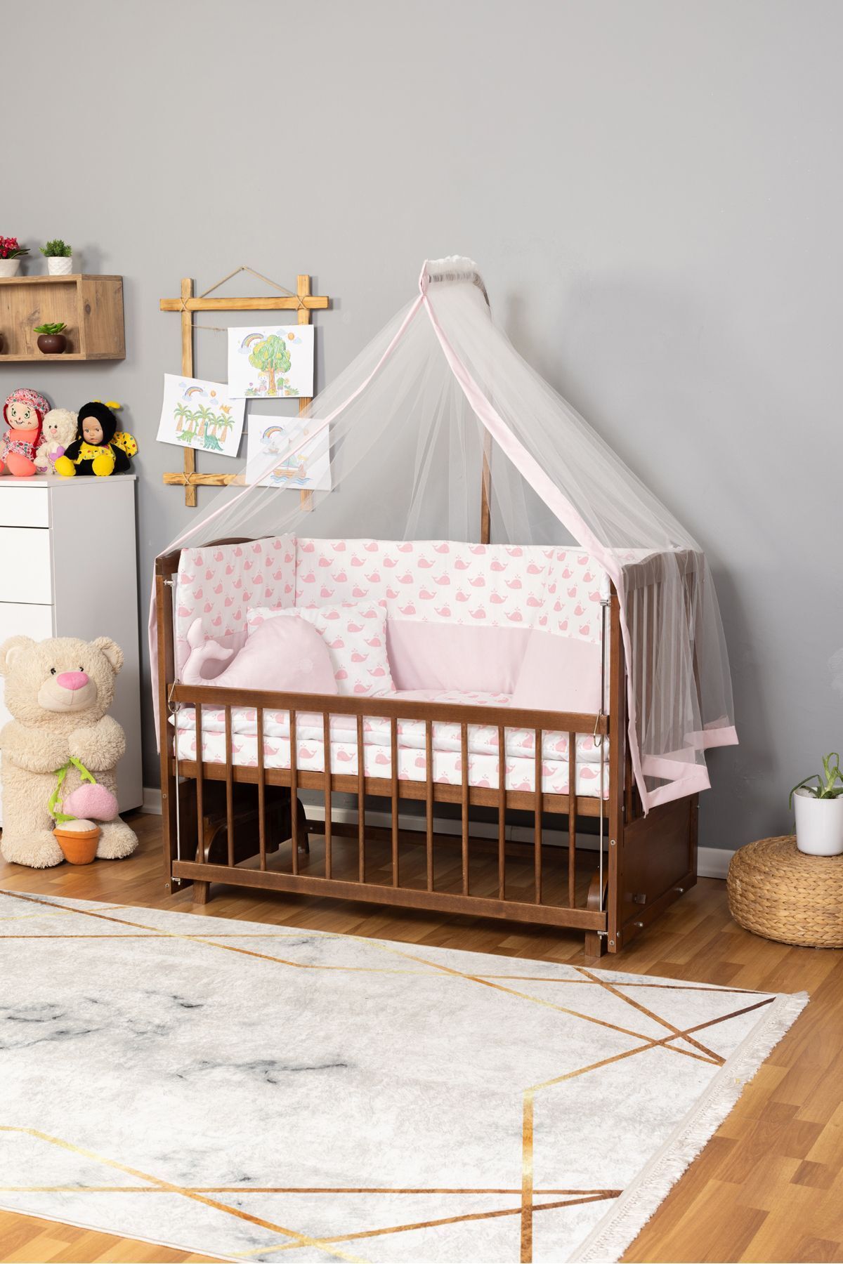 Bamgidoo Ahşap Beşik Anne Yanı Beşik Ceviz 60x120 - Pembe Balina Uyku Seti Yatak