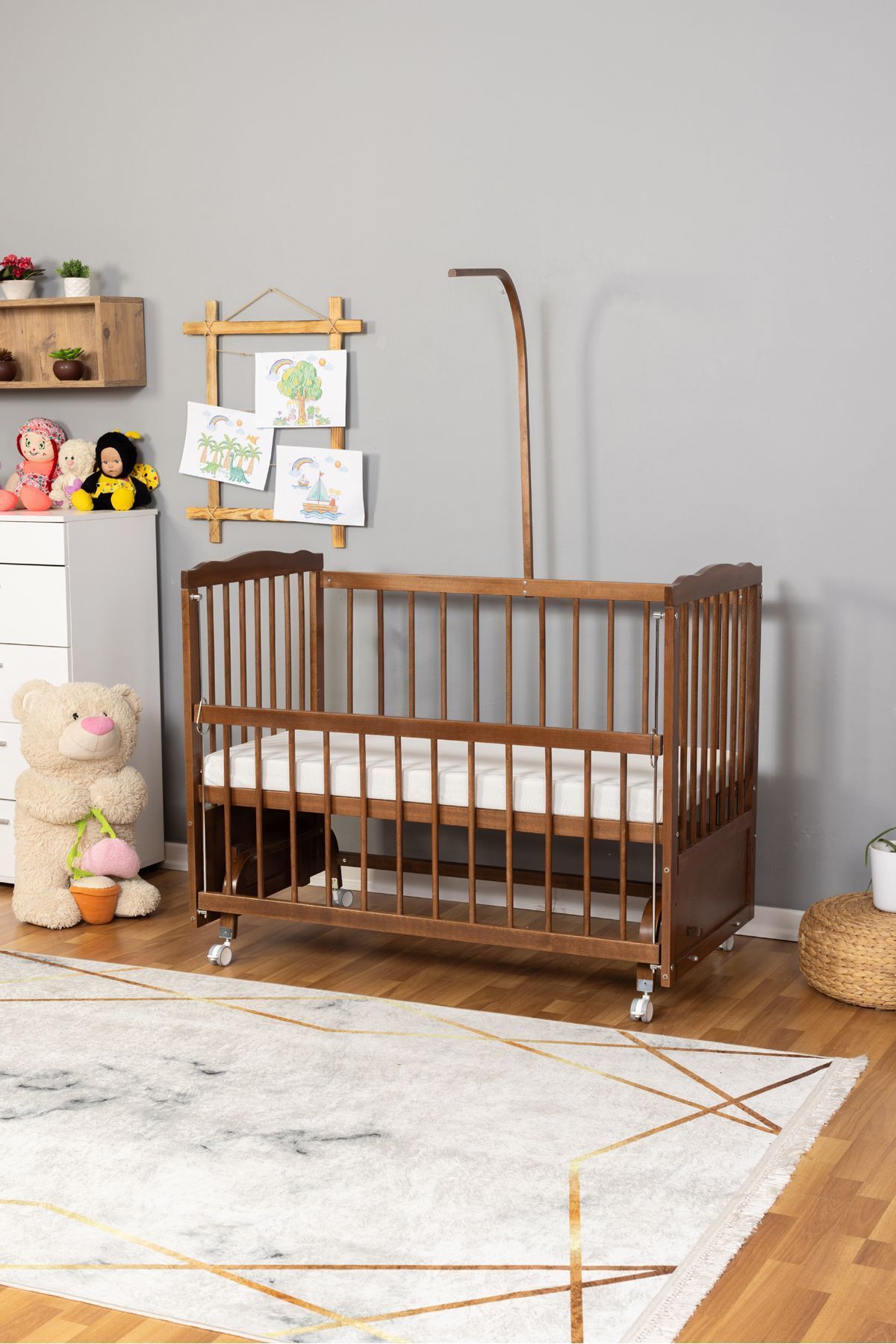 Bamgidoo Anne Yanı Bebek Beşiği Yeni Doğal Beşik Ceviz 60x120 - Uyku Setsiz Tek Yataklı Tekerlekli