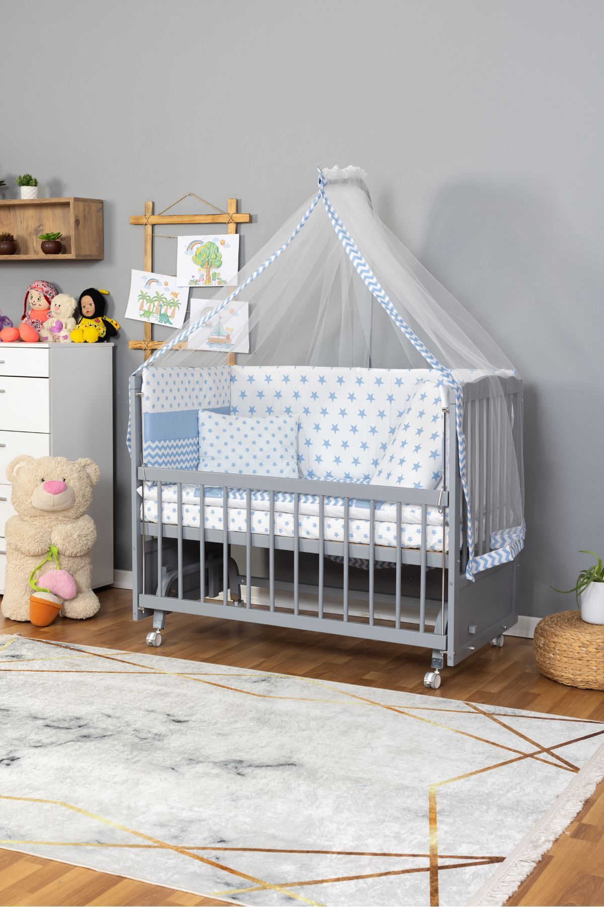 Bamgidoo Ahşap Beşik Anne Yanı Beşik Gri 60x120 - Mavi Yıldız Tek Yastık Uyku Seti + Yatak + Tekerlekli