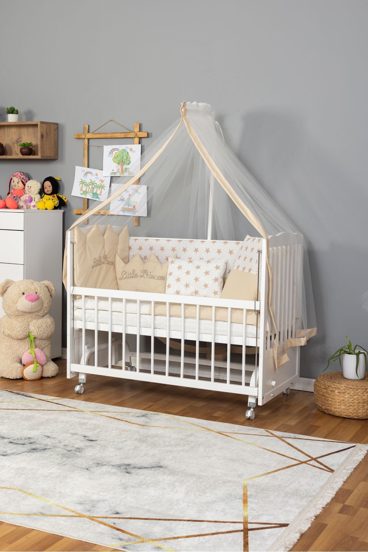 Bamgidoo Ahşap Beşik Anne Yanı Beşik Beyaz 60x120 Krem Prenses (KIZ) Uyku Seti Yatak Tekerlekli